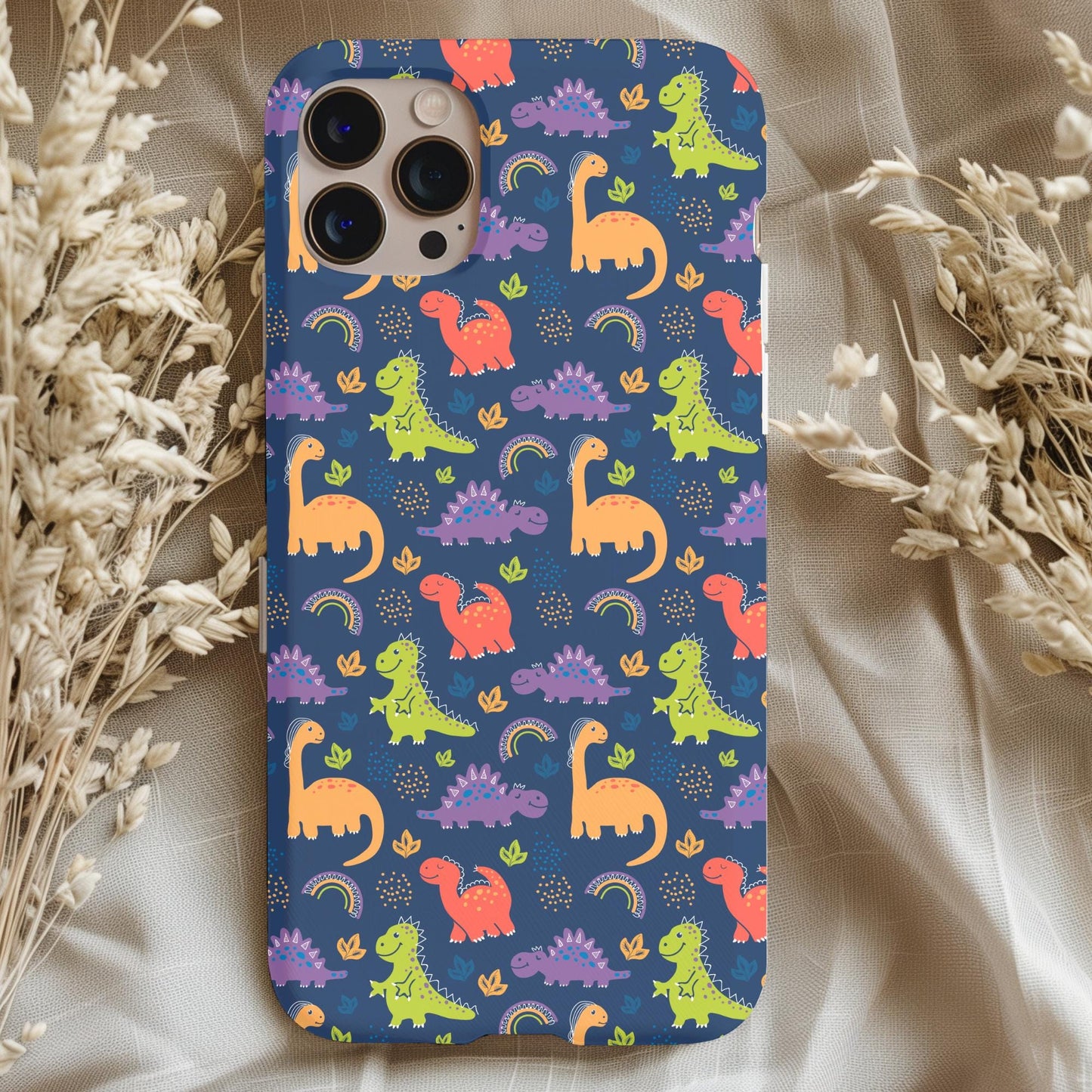 Cute Dinosaur Phone Case with colorful dinosaur pattern on dark background, perfect for adding fun to your phone accessory