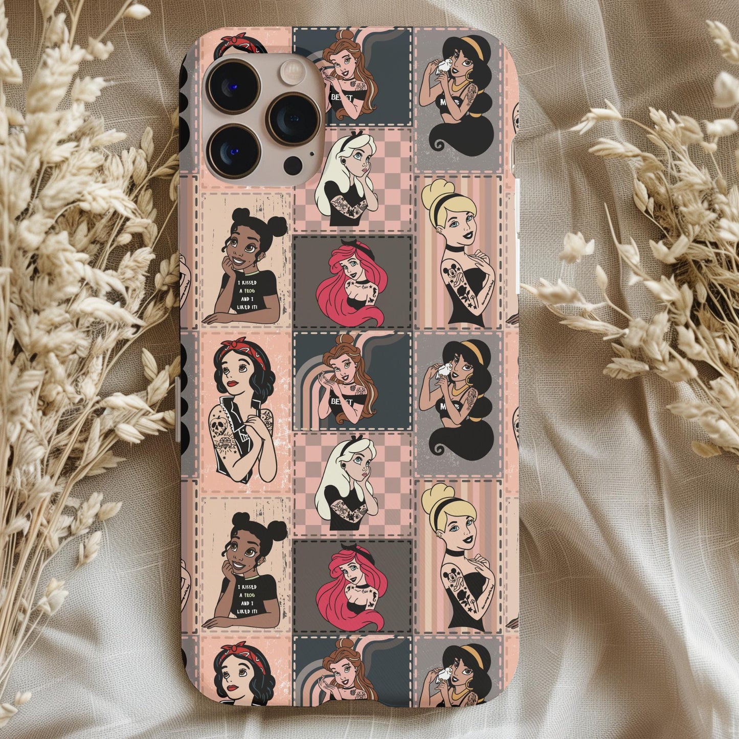 Goth Girl Princesses Phone Case featuring stylish tattoos on modern princess illustrations with edgy and dark aesthetic design.