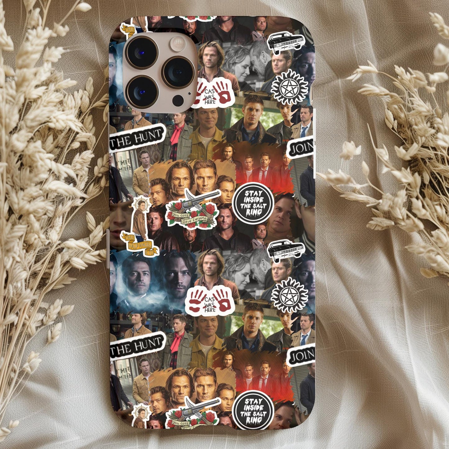 Supernatural Winchester Brothers Phone Case featuring character collage and iconic symbols from the show on a stylish design