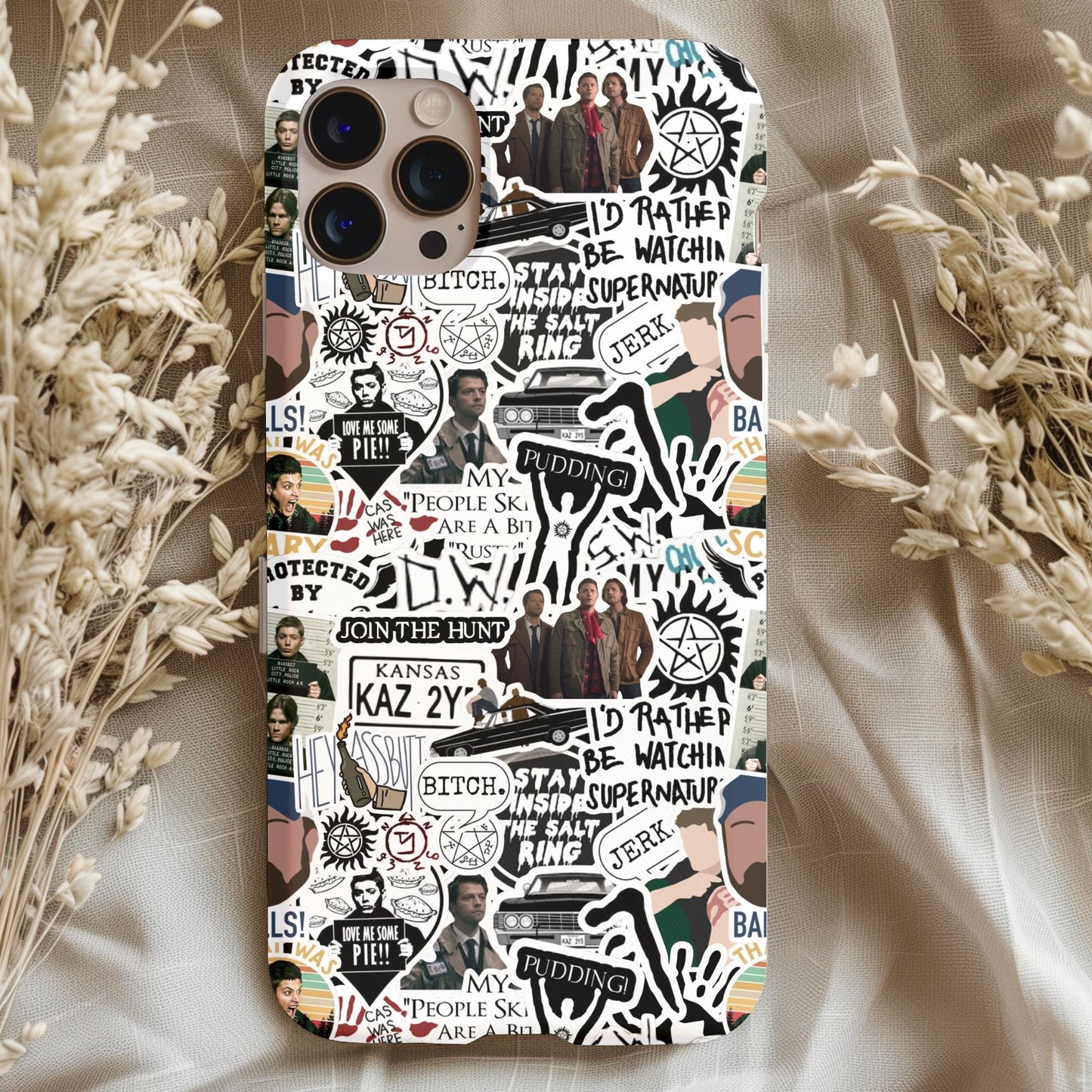 Supernatural Stickers Collage Phone Case featuring characters and iconic symbols from the supernatural series design
