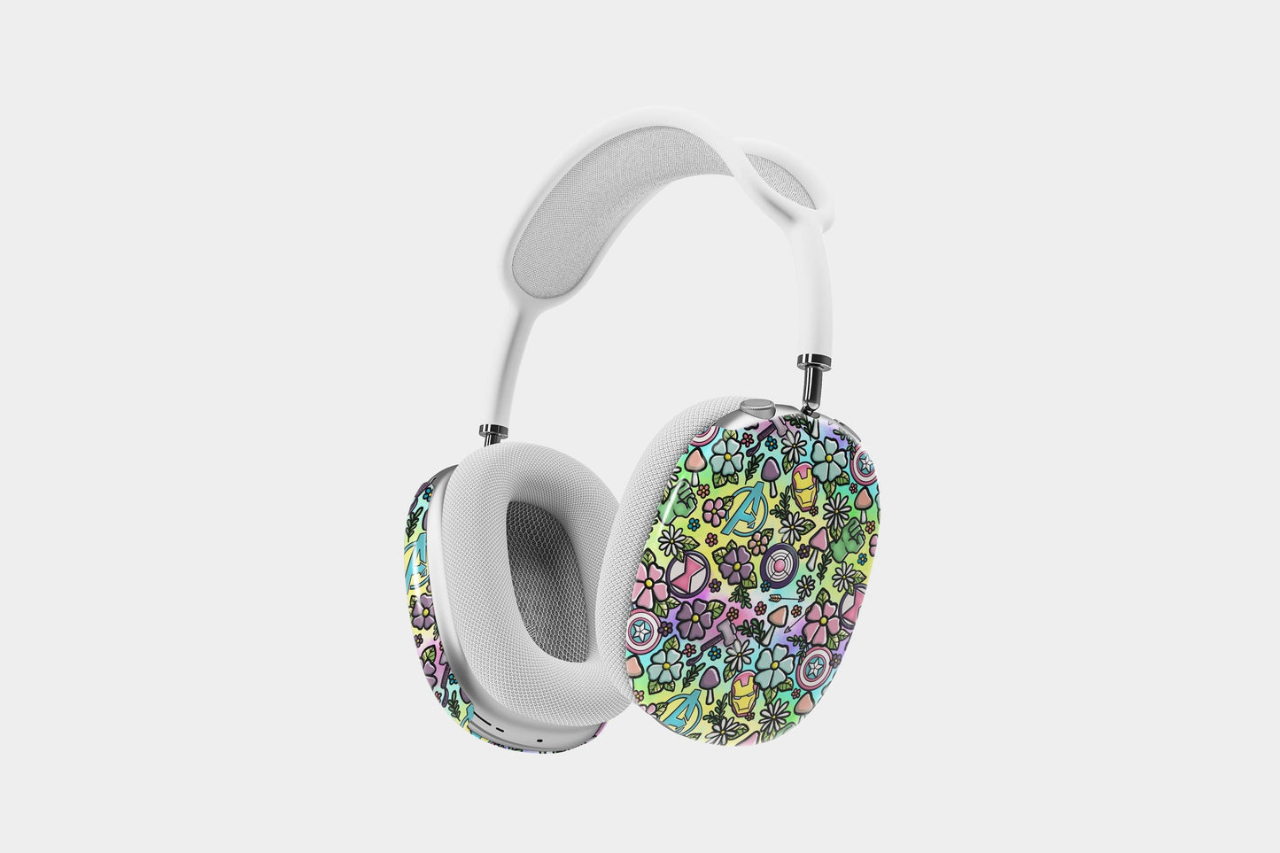 Pastel Avengers Cottagecore AirPods Max Case with colorful floral and superhero pattern on white headphones
