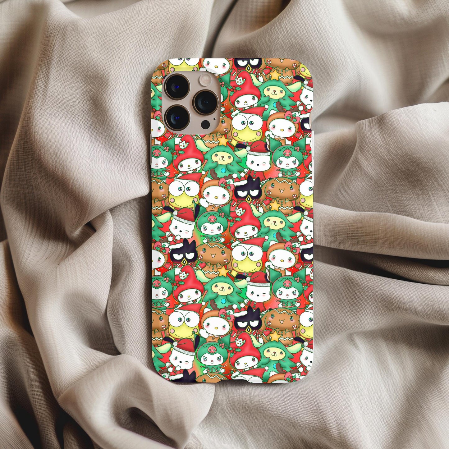 Christmas Kitty Anime Phone Case featuring colorful festive anime characters with cats and holiday themes on a beige fabric background