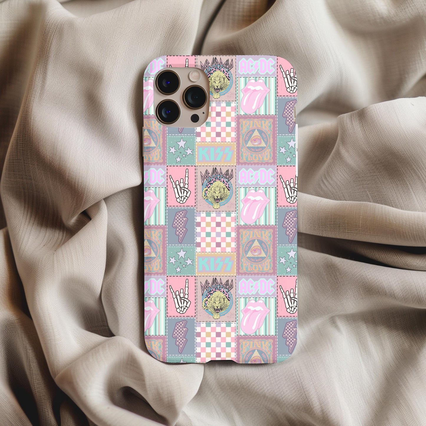 Pastel Rock Band Patchwork Phone Case featuring colorful vintage band logos and symbols on a light background.