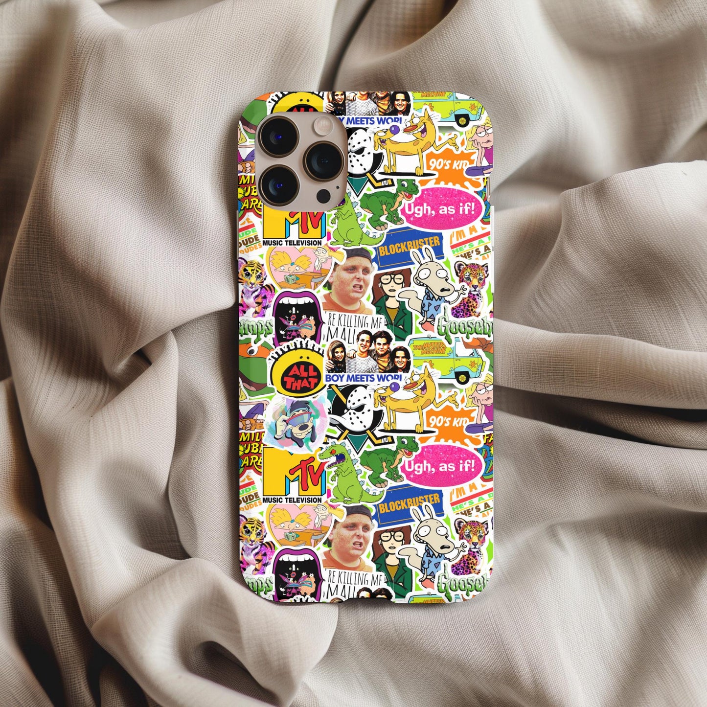 Nostalgic 90s TV Stickers Phone Case featuring colorful retro 90s cartoon and TV show icons on a vibrant background
