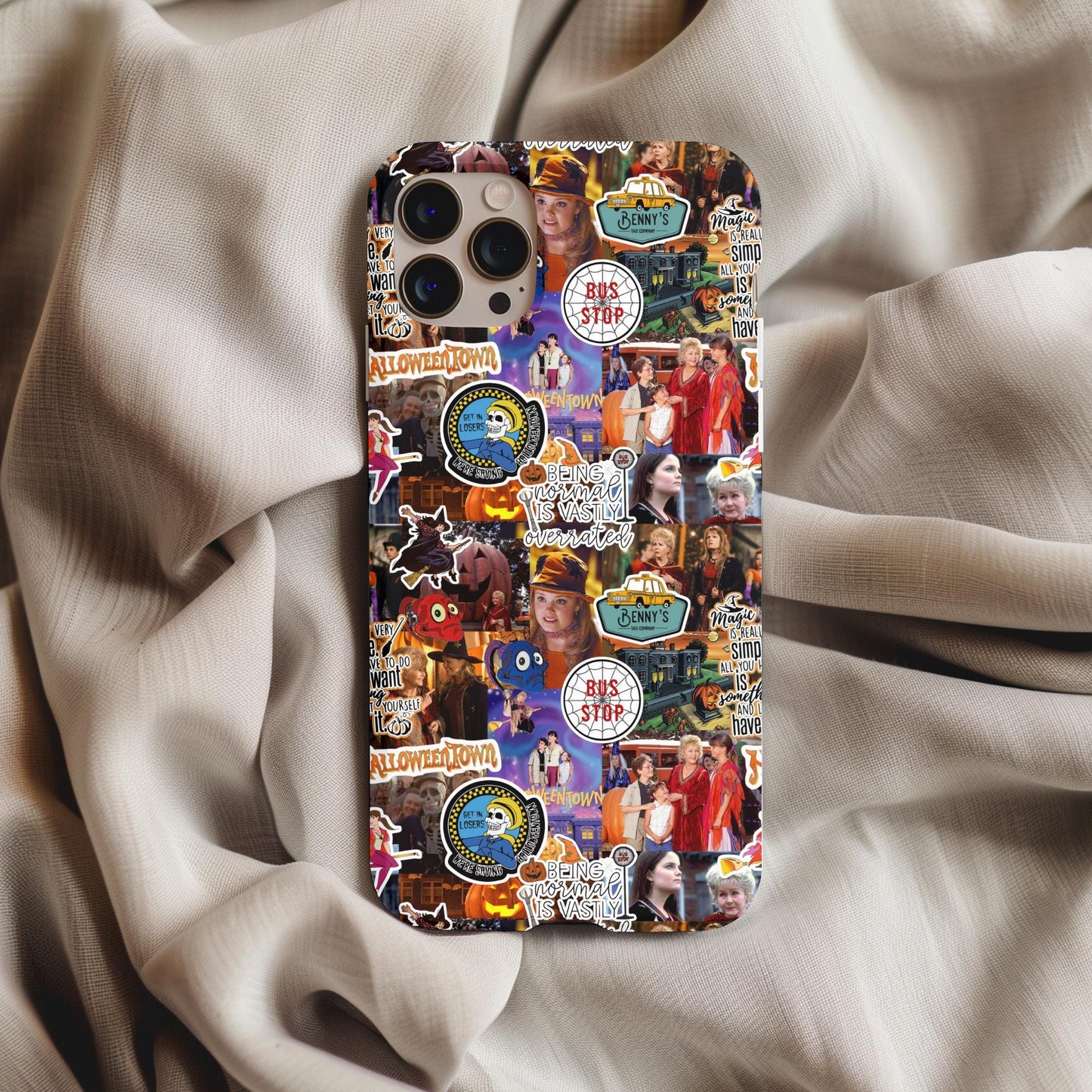 Halloweentown Stickers Collage Phone Case featuring colorful characters and spooky themed sticker designs on a dark background