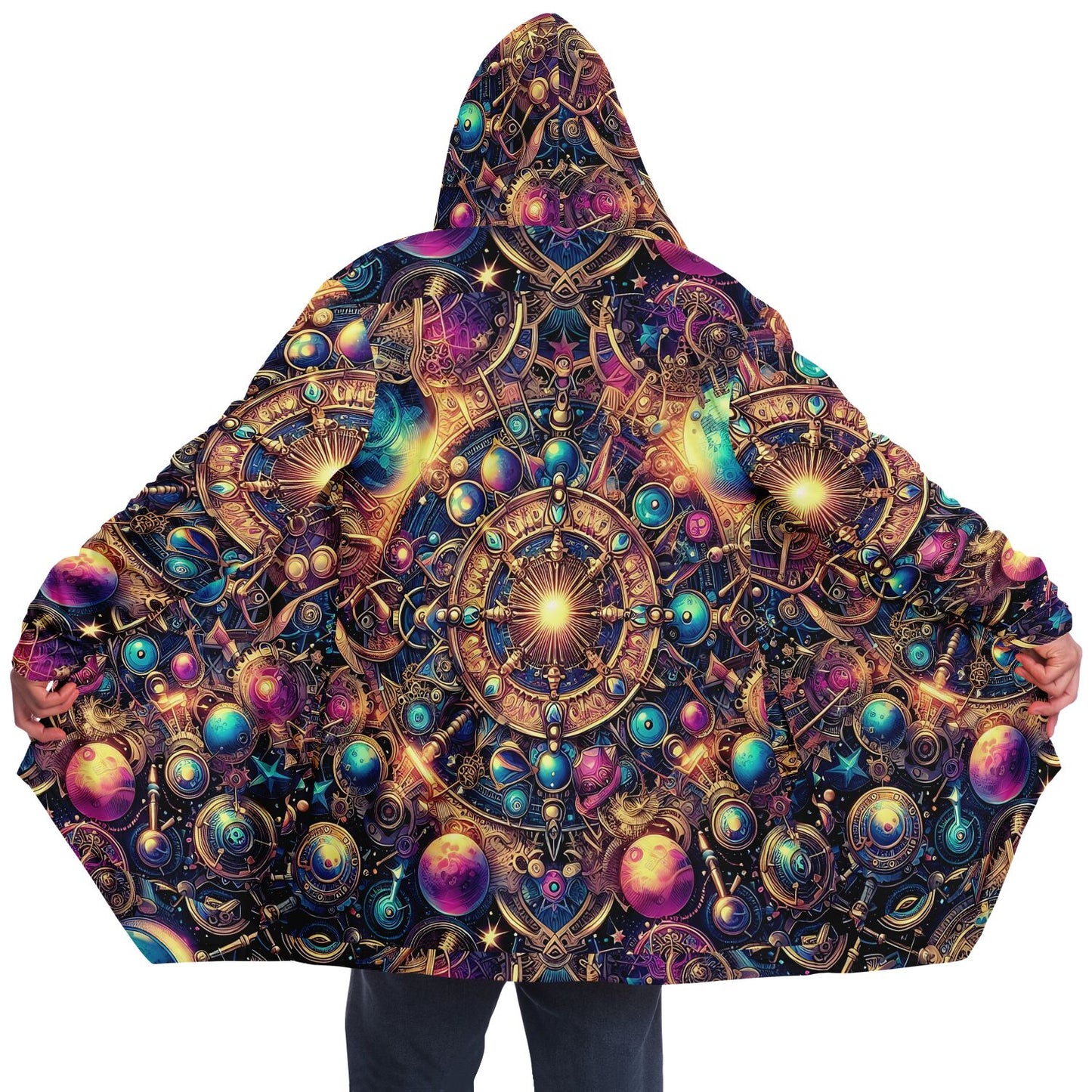 Psychedelic Steampunk Celestial Sun Moon Fleece Lined Hooded Cloak