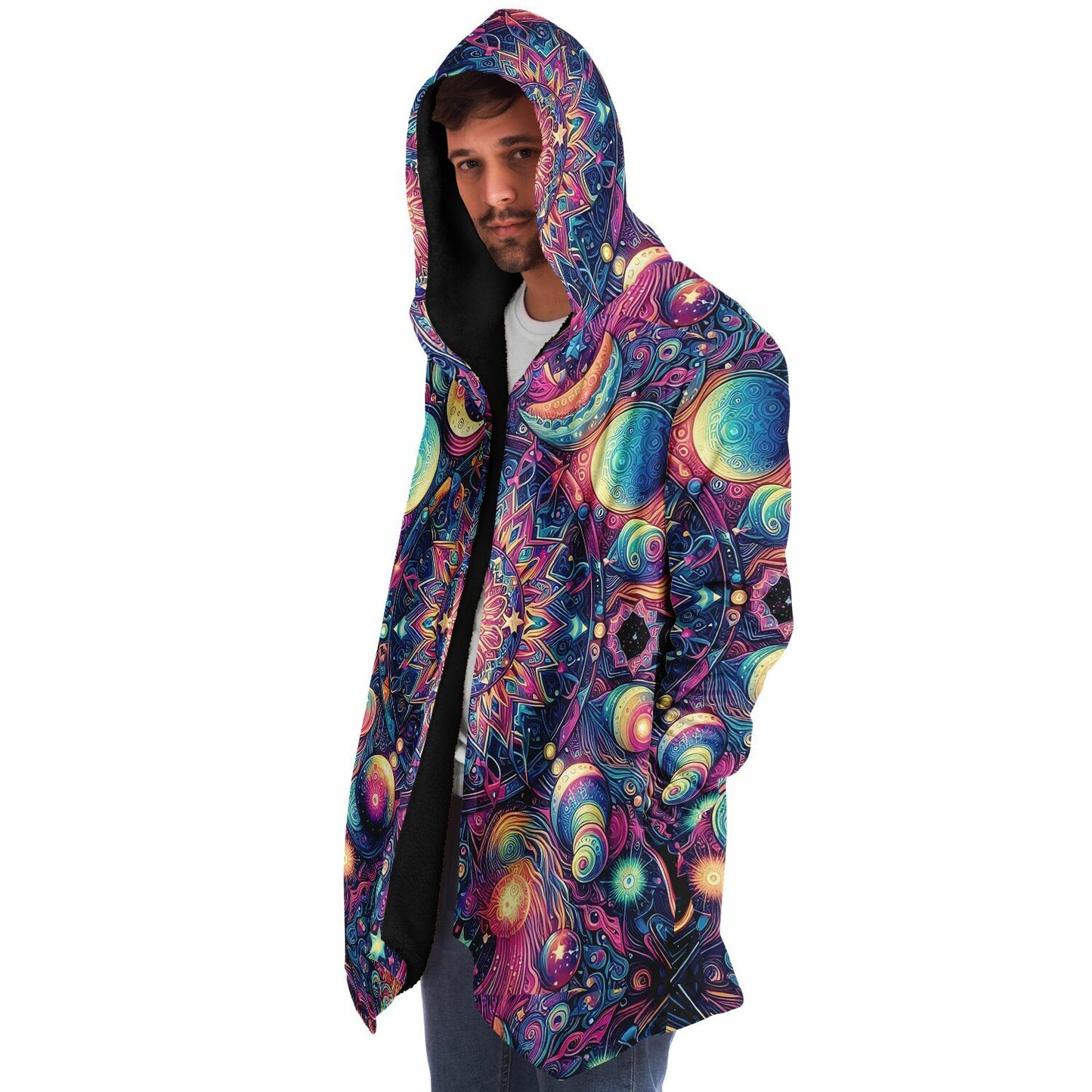 Psychedelic Celestial Sun Moons Fleece Lined Hooded Cloak