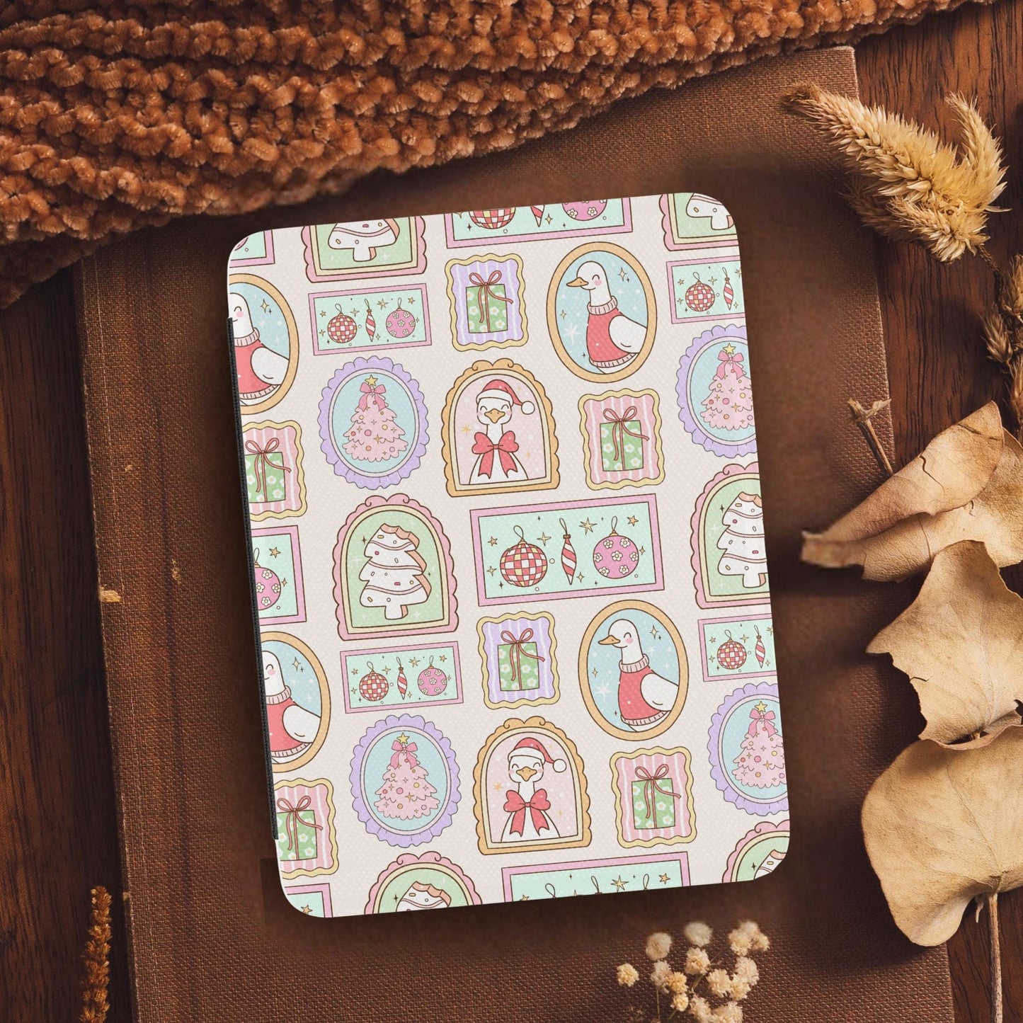 Coquette Christmas Goose Frames Leather Kindle Case with Hand Strap