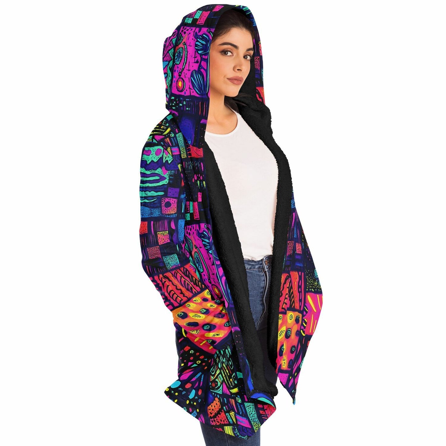Psychedelic Trippy Patchwork Fleece Lined Hooded Cloak