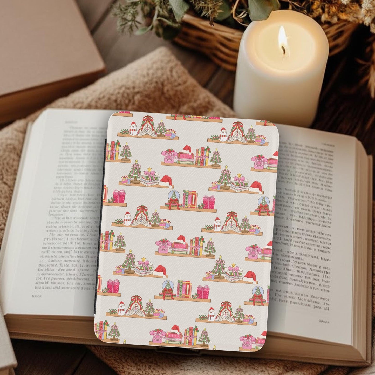 Bookish Christmas Shelves Leather Kindle Case with Hand Strap