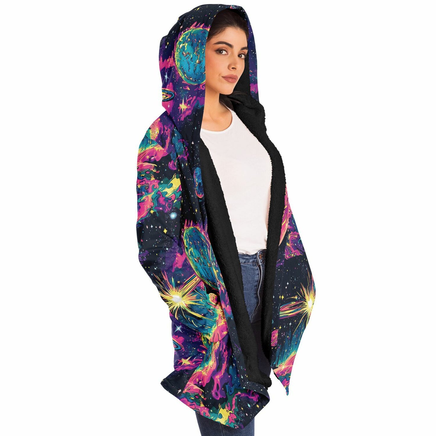 Trippy Otherworldly Planets Fleece Lined Hooded Cloak