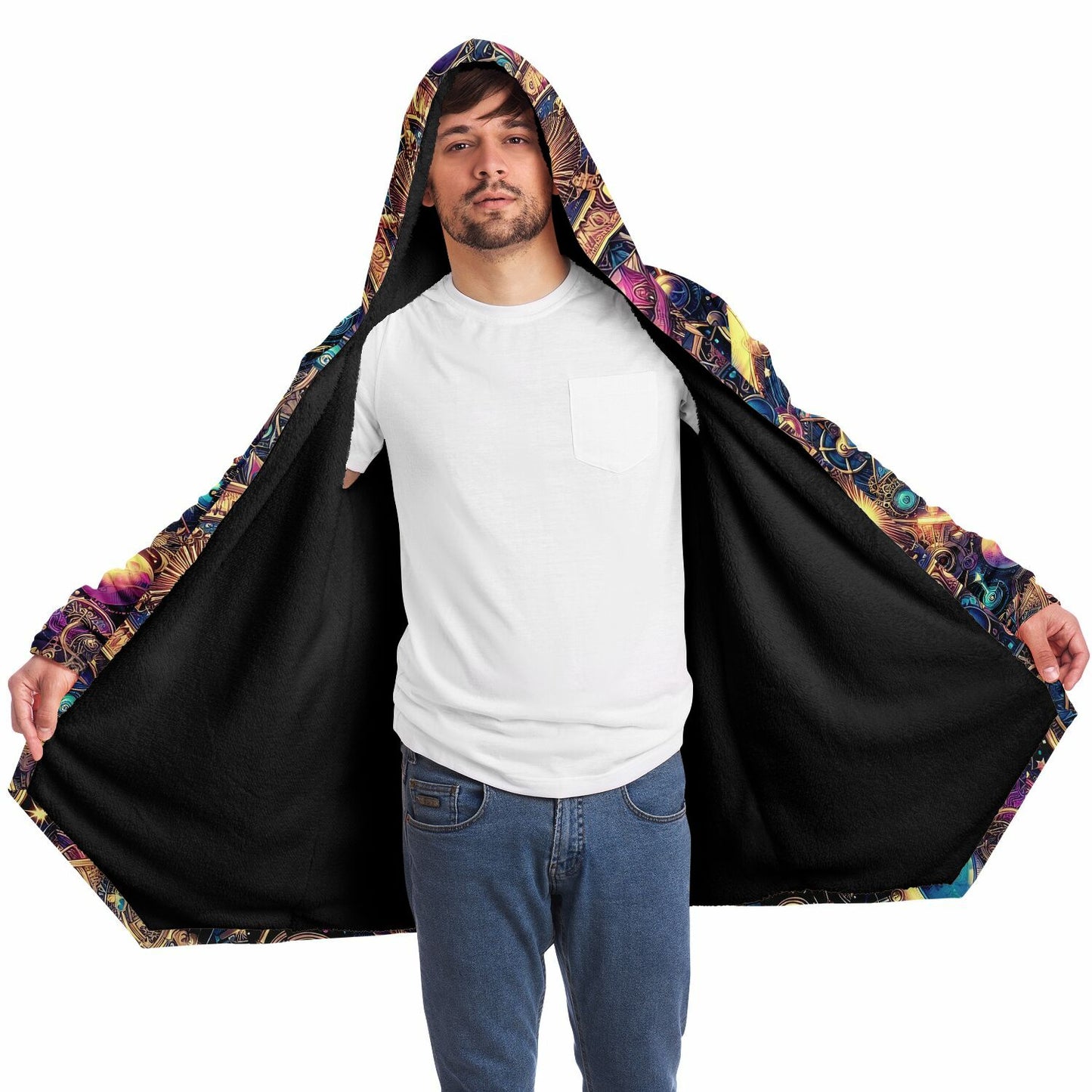 Psychedelic Steampunk Celestial Sun Moon Fleece Lined Hooded Cloak