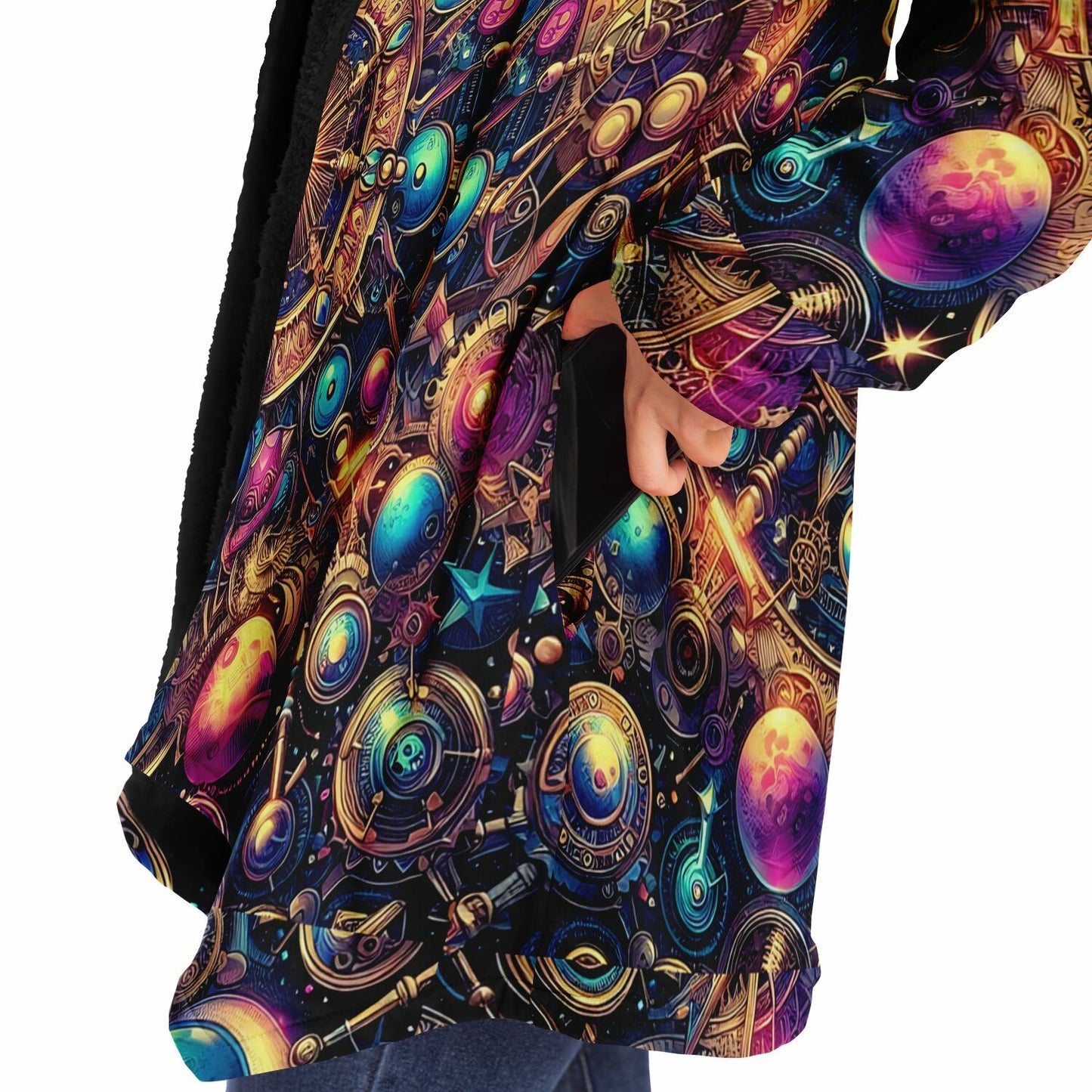 Psychedelic Steampunk Celestial Sun Moon Fleece Lined Hooded Cloak