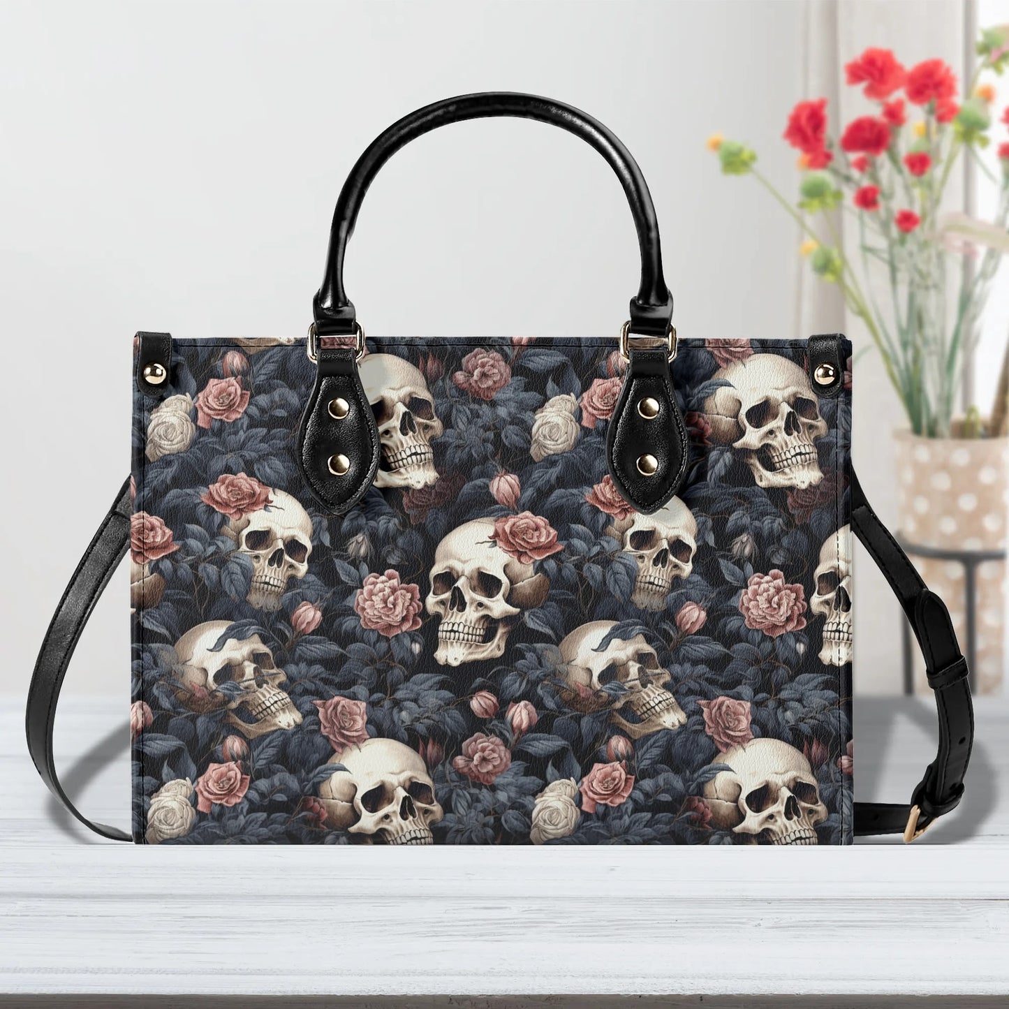 Gothic Skulls Pink Floral Luxury Women Leather Handbag