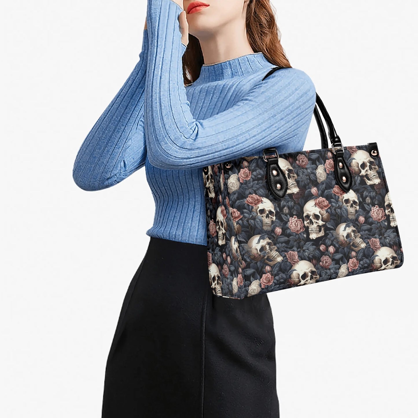 Gothic Skulls Pink Floral Luxury Women Leather Handbag