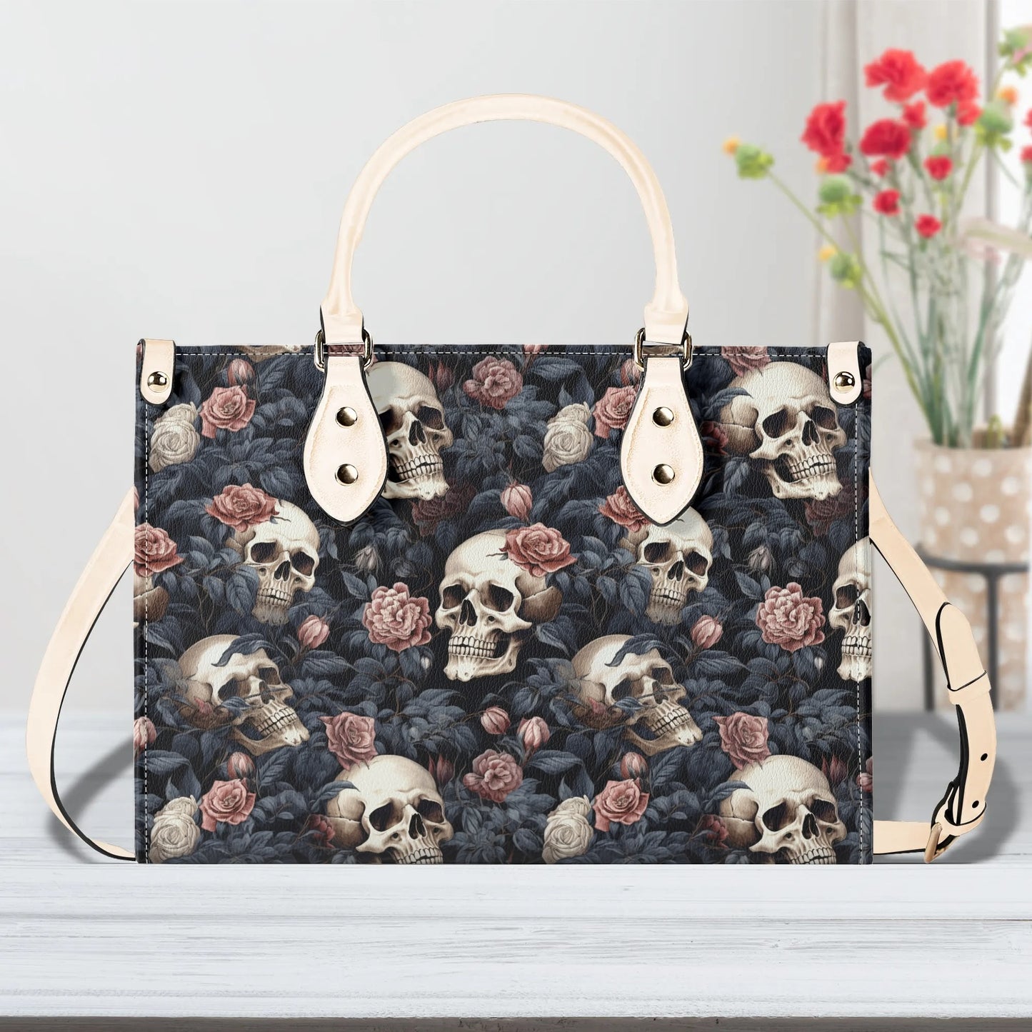 Gothic Skulls Pink Floral Luxury Women Leather Handbag