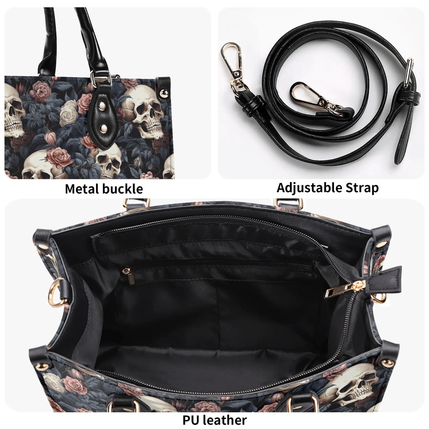 Gothic Skulls Pink Floral Luxury Women Leather Handbag