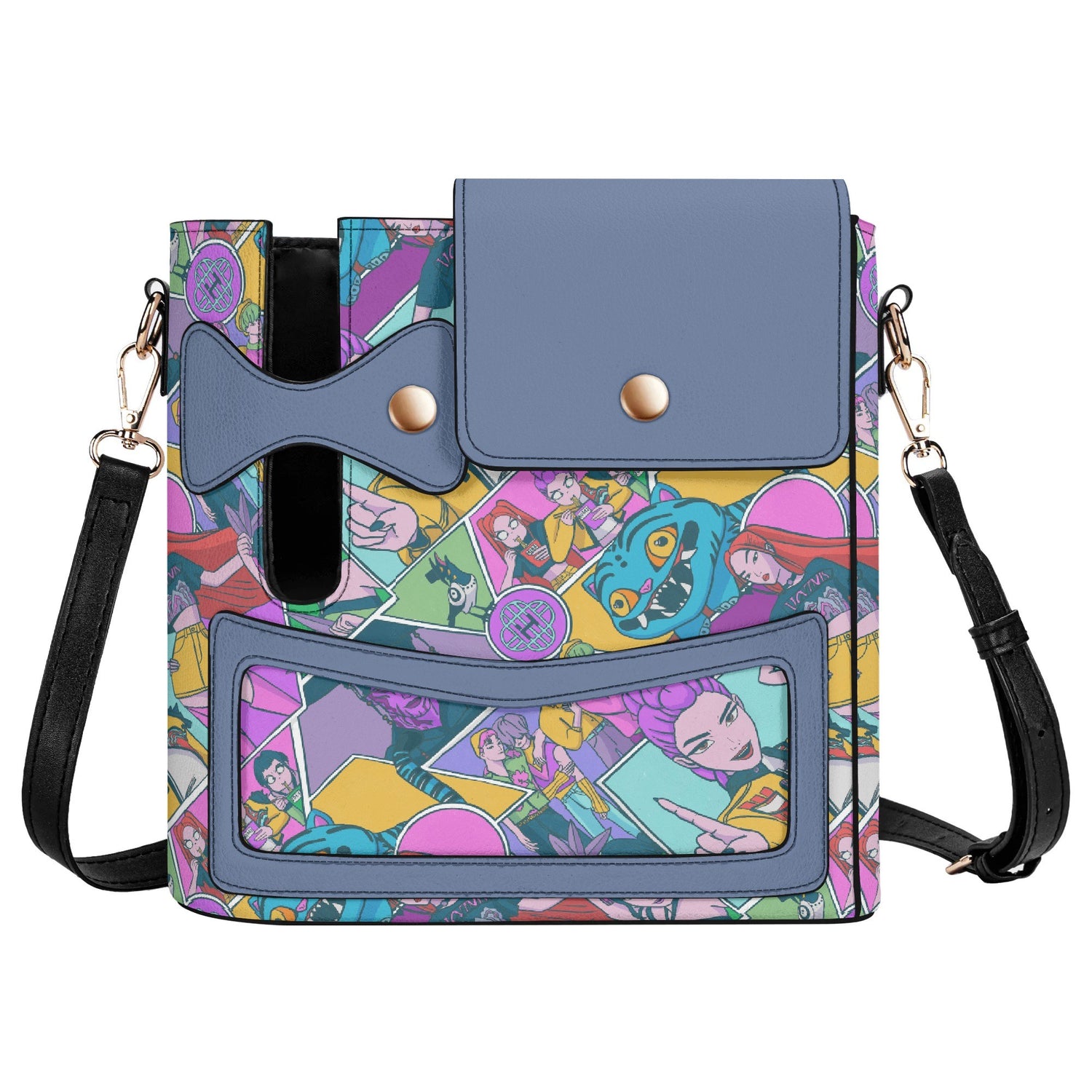 Colorful comic-style design K-pop Demon Hunters Leather Tumbler Handbag with adjustable strap and button closures