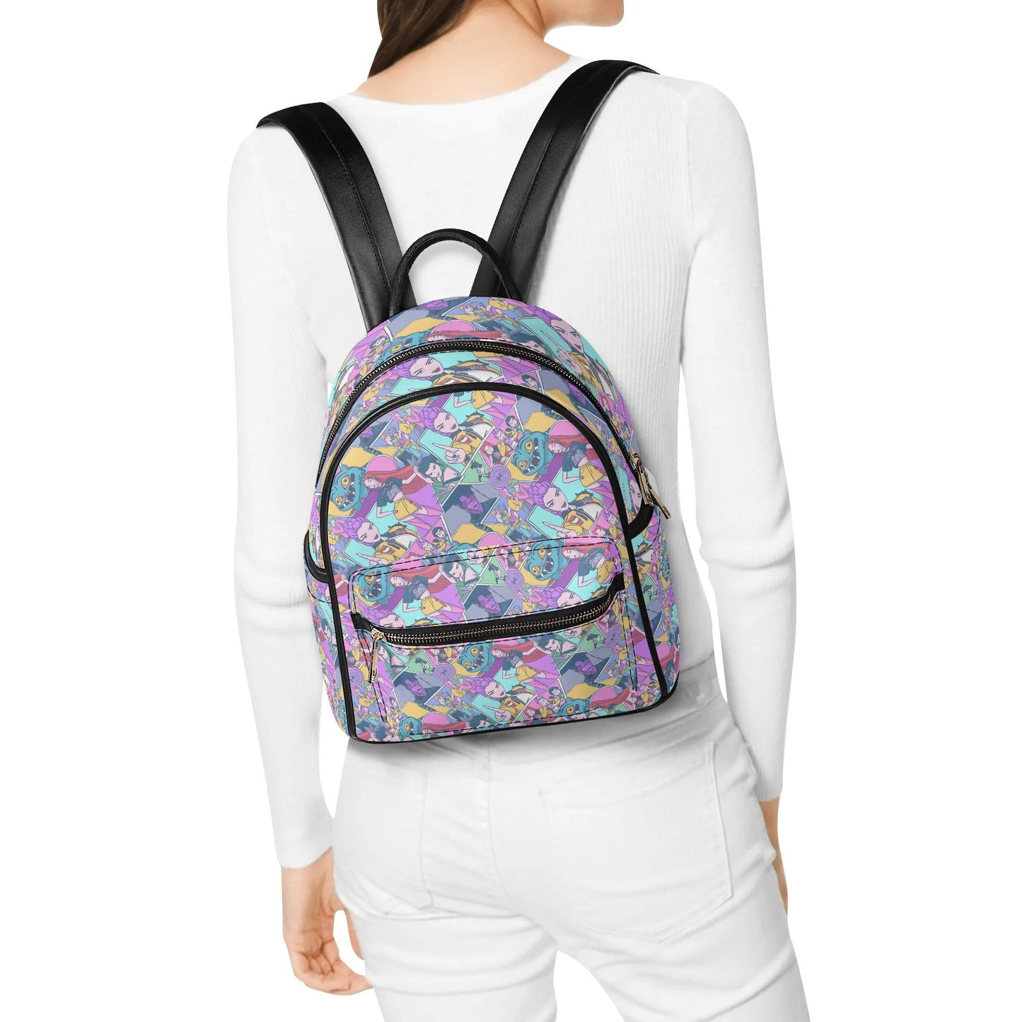 Woman wearing K-pop Demon Hunters Mini Leather Backpack with colorful graphic pattern and black straps