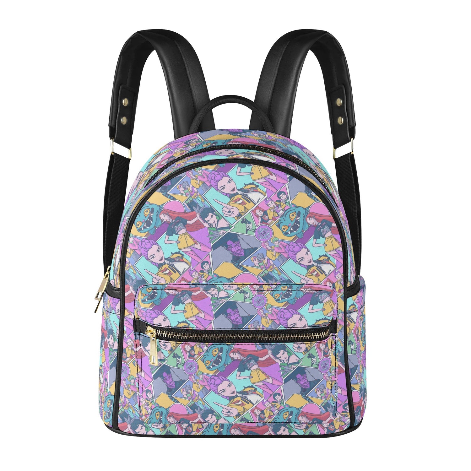 K-pop Demon Hunters Mini Leather Backpack with colorful anime-inspired design and adjustable black straps for everyday use
