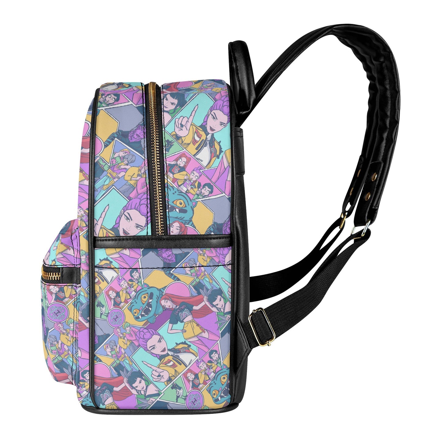 Side view of K-pop Demon Hunters Mini Leather Backpack with colorful character collage and adjustable straps