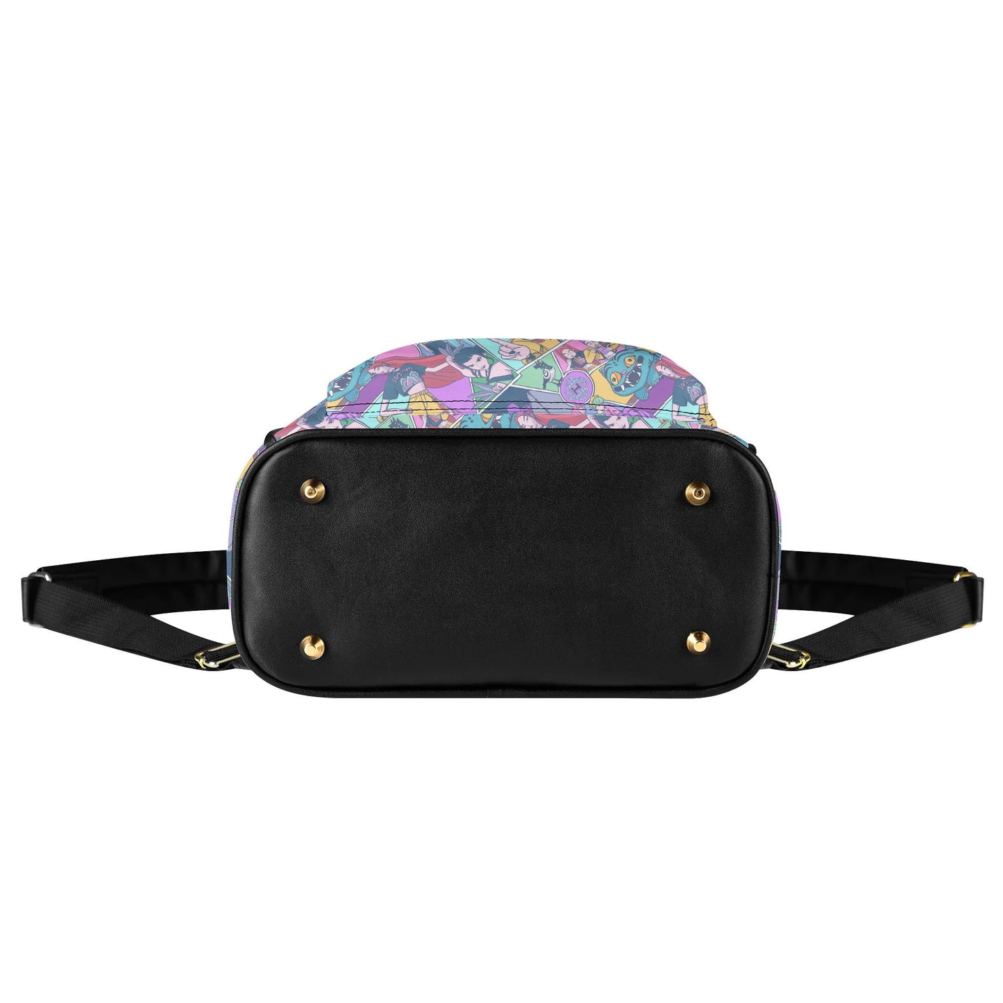 Bottom view of K-pop Demon Hunters Mini Leather Backpack showing black base with gold studs and adjustable straps