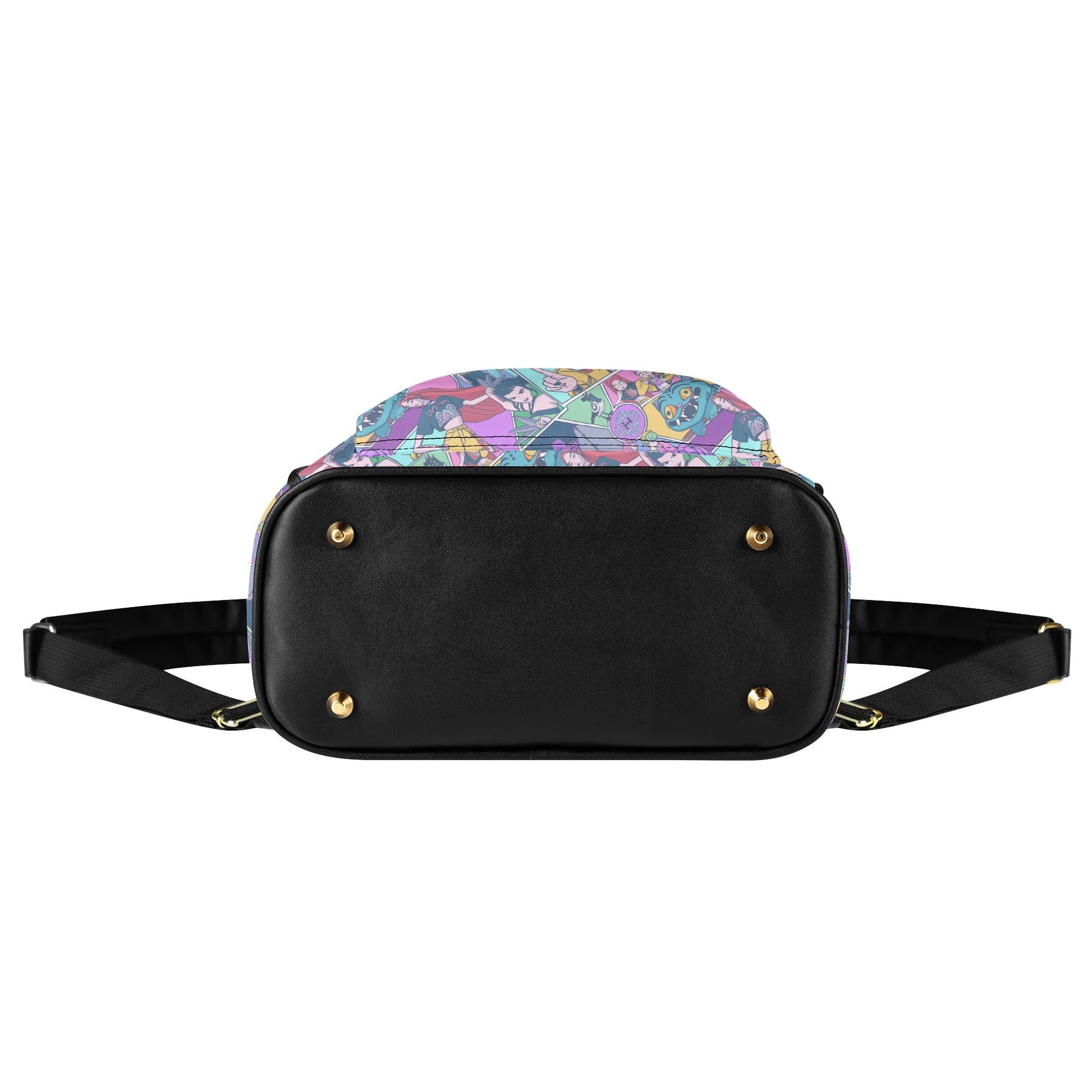 Bottom view of K-pop Demon Hunters Mini Leather Backpack showing black base with gold studs and adjustable straps