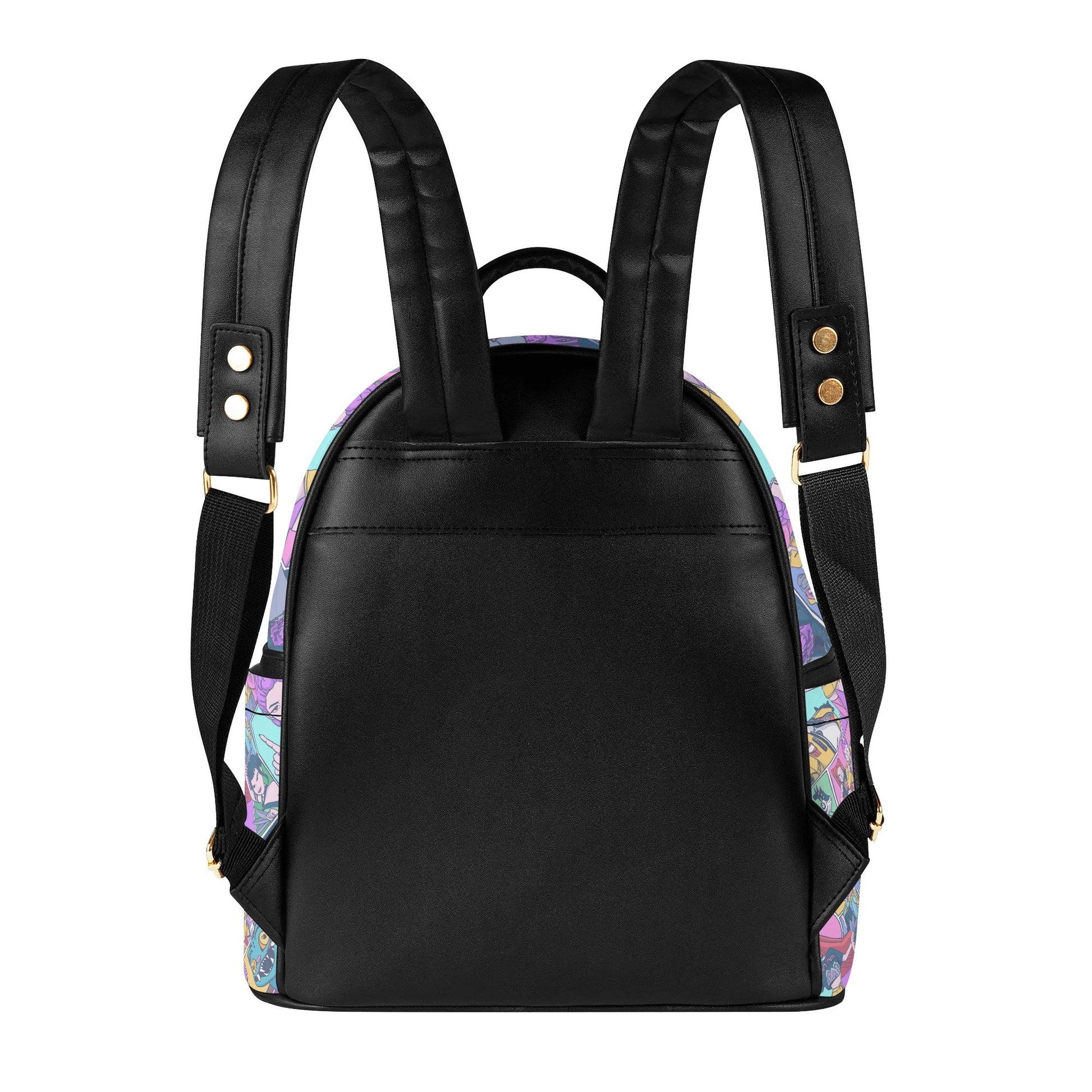 Back view of K-pop Demon Hunters Mini Leather Backpack with padded straps and colorful side panels