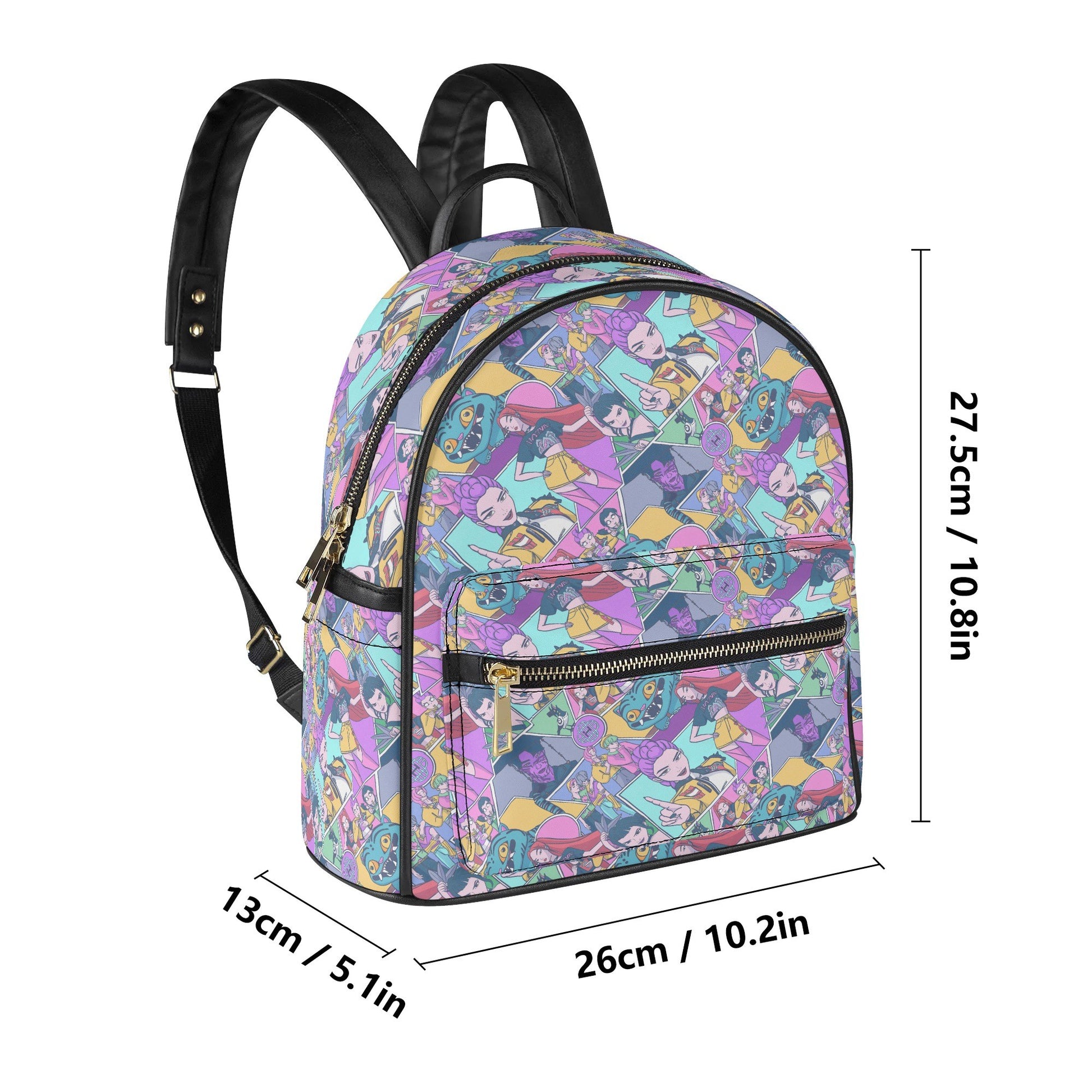 K-pop Demon Hunters Mini Leather Backpack with colorful graphic design and compact dimensions for stylish daily use