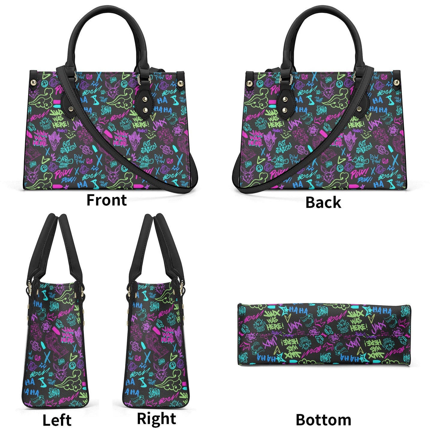 Arcane Jinx Graffiti Leather Handbag with colorful street art style graffiti and black handles shown from multiple angles