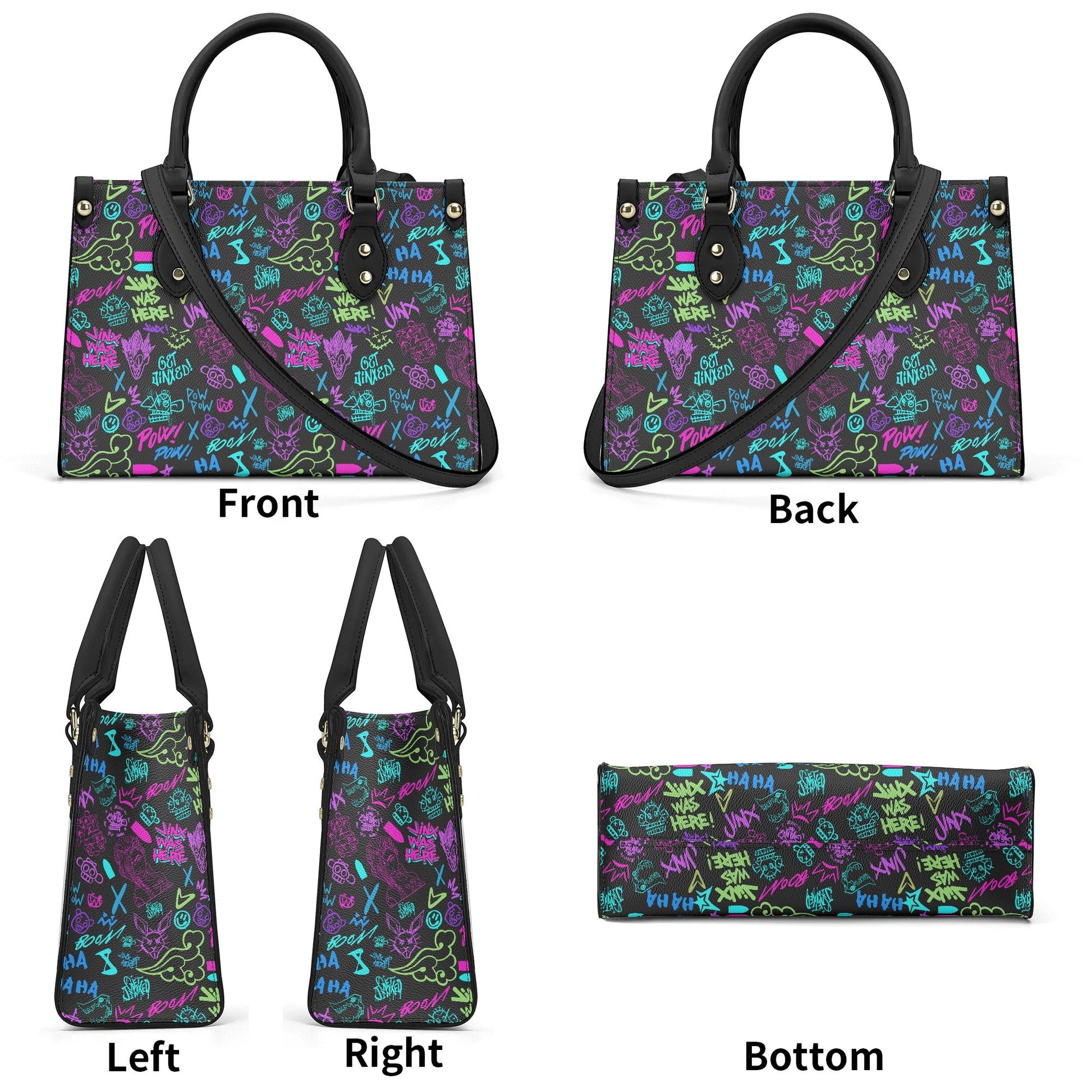Arcane Jinx Graffiti Leather Handbag with colorful street art style graffiti and black handles shown from multiple angles