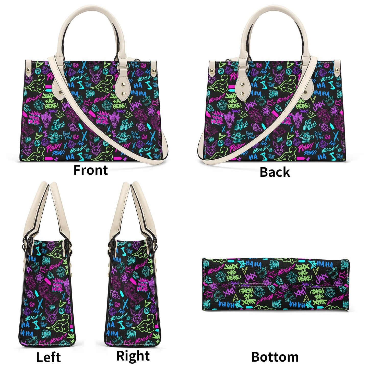 Arcane Jinx Graffiti Leather Handbag shown from multiple angles with colorful graffiti pattern and cream handles