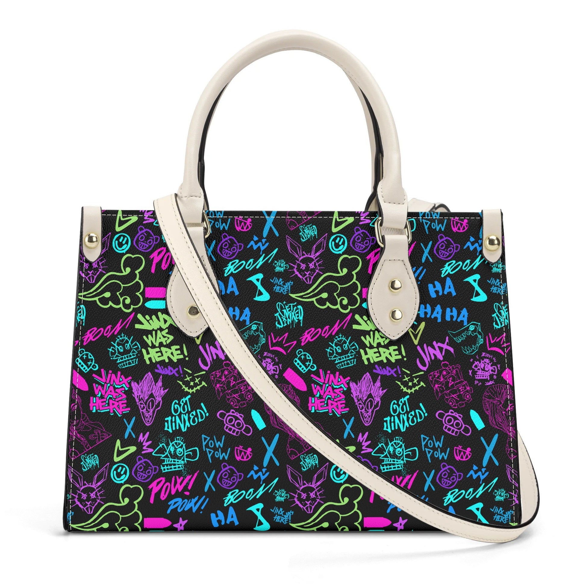 Arcane Jinx Graffiti Leather Handbag with colorful street art designs and white handles for stylish everyday use