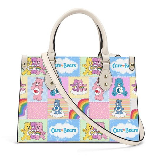 Nostalgic Care Bears Patchwork Leather Handbag featuring colorful Care Bears and rainbows in a playful patchwork design