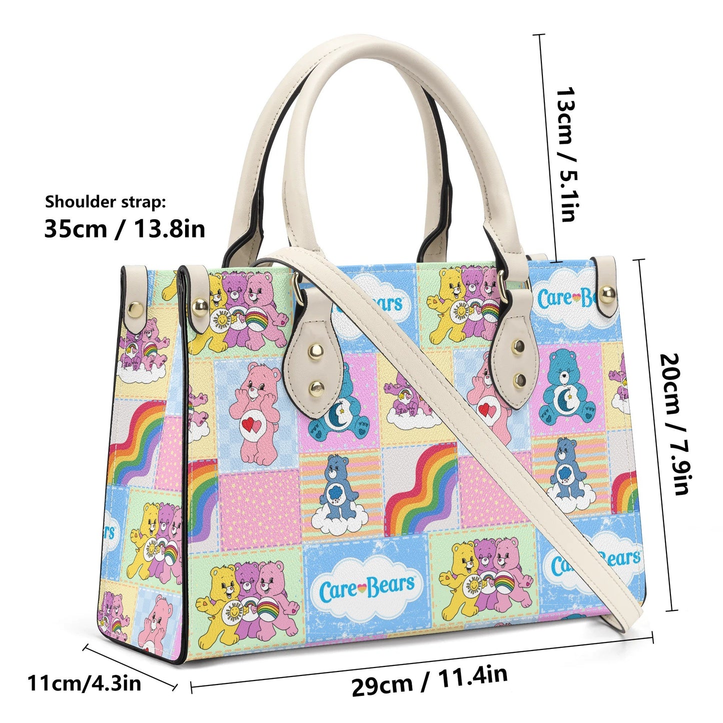Nostalgic Care Bears Patchwork Leather Handbag with colorful bear and rainbow design, compact and stylish with shoulder strap