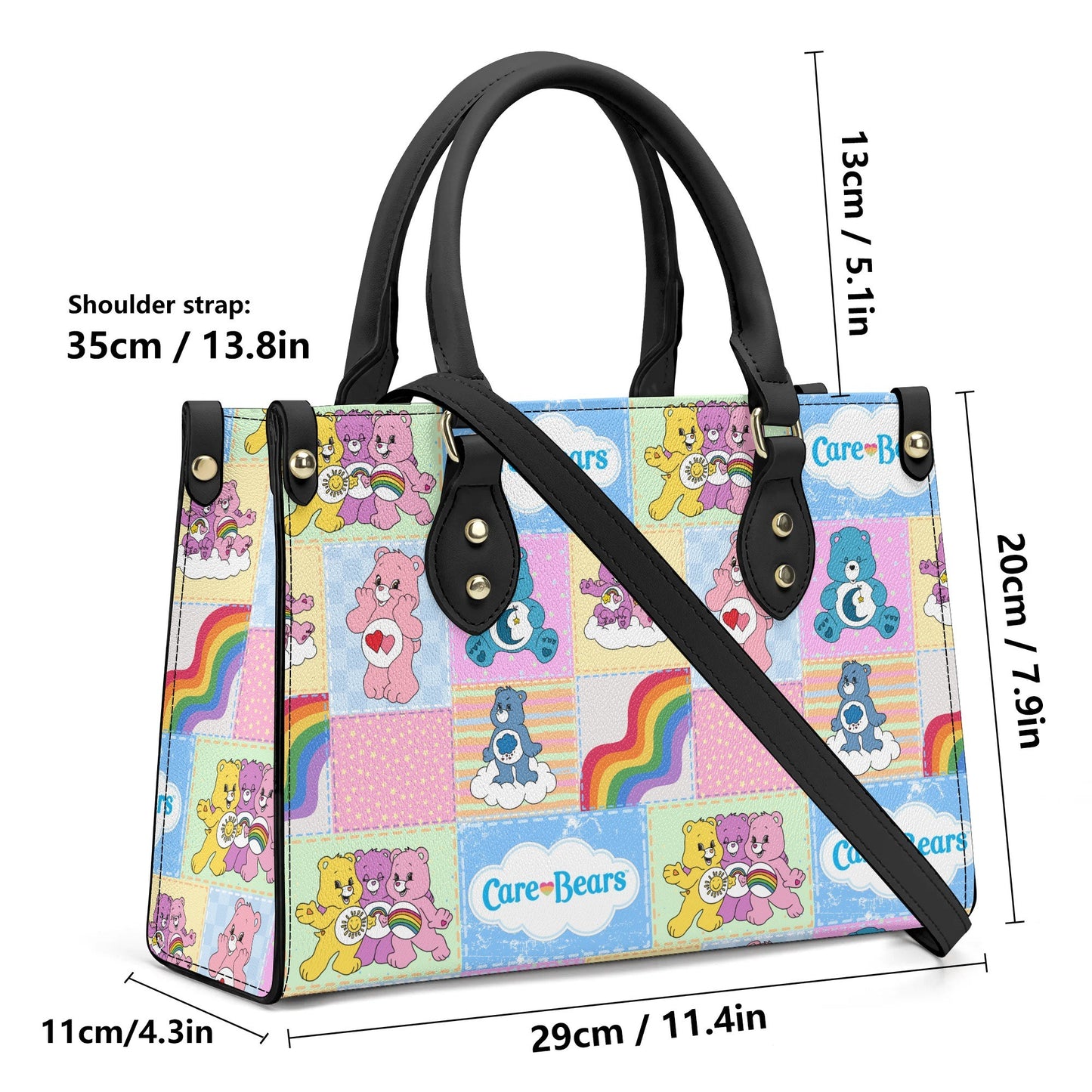 Nostalgic Care Bears Patchwork Leather Handbag with colorful vintage Care Bears design and black handles, measuring 29cm by 20cm.