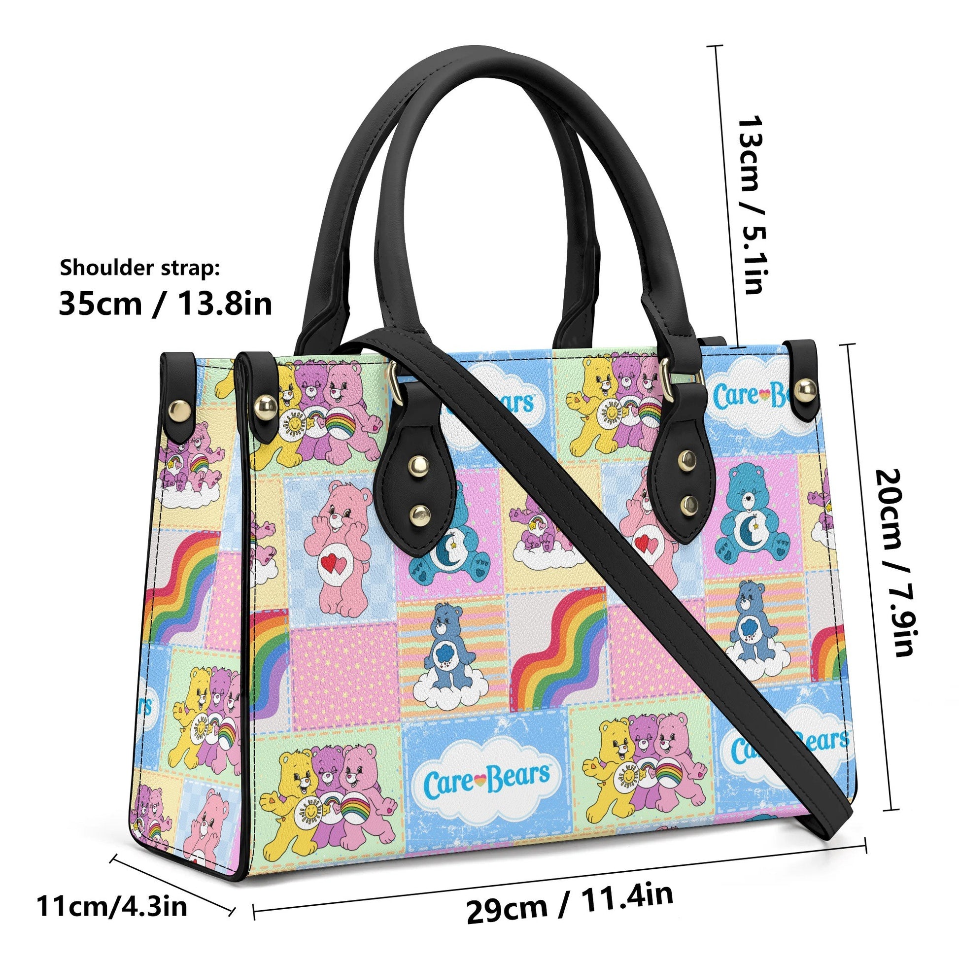 Nostalgic Care Bears Patchwork Leather Handbag with colorful vintage Care Bears design and black handles, measuring 29cm by 20cm.