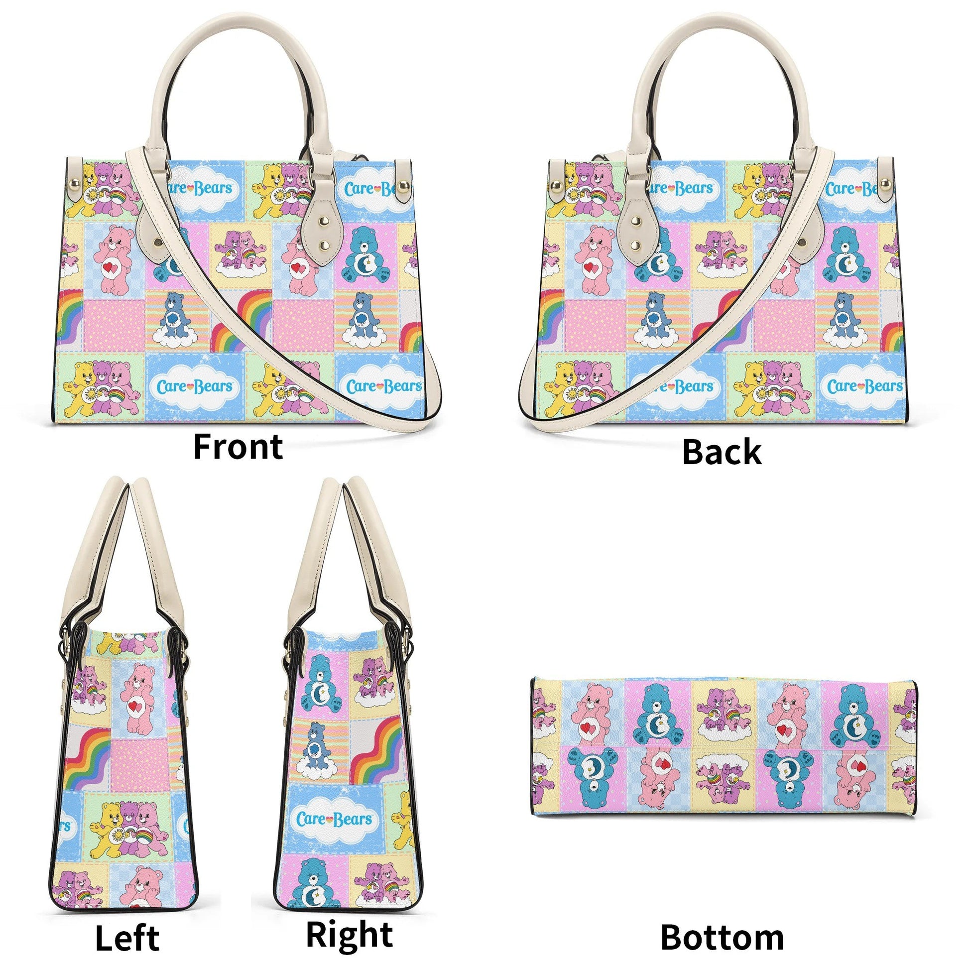 Nostalgic Care Bears Patchwork Leather Handbag shown from multiple angles with colorful playful design and beige handles