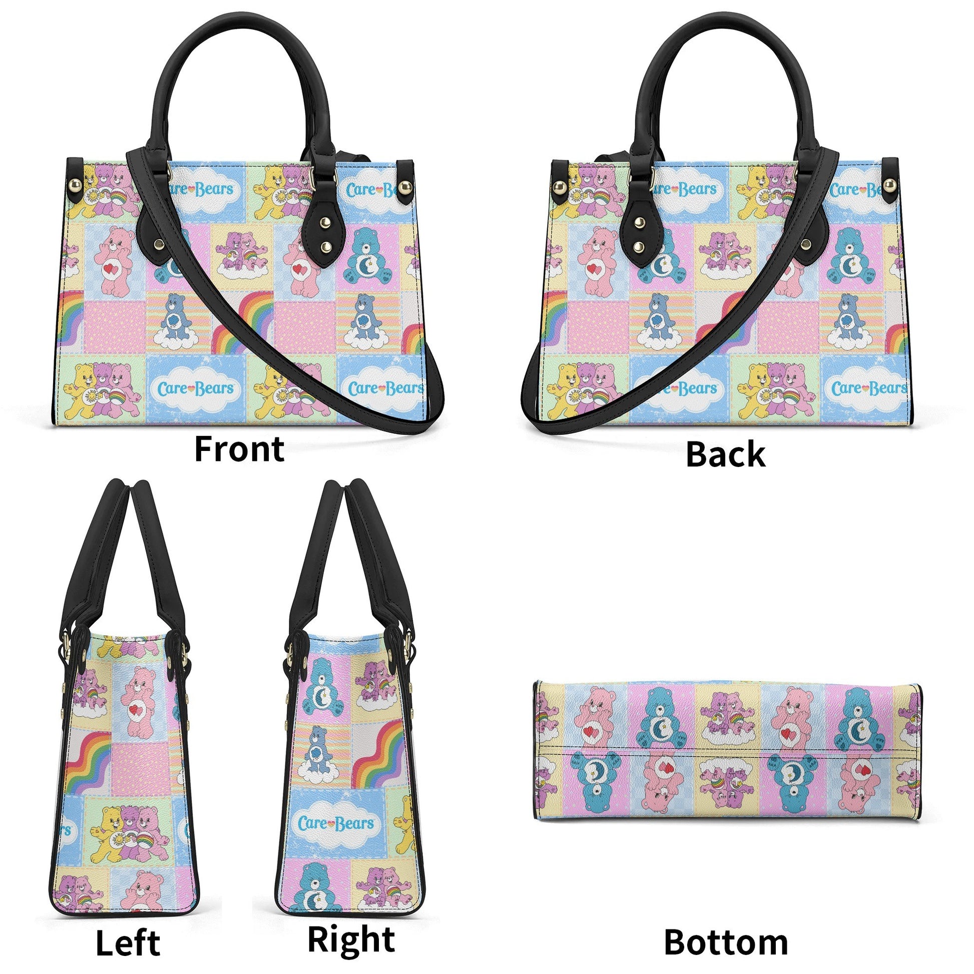 Nostalgic Care Bears Patchwork Leather Handbag with colorful vintage bear and rainbow design in multiple views and black handles