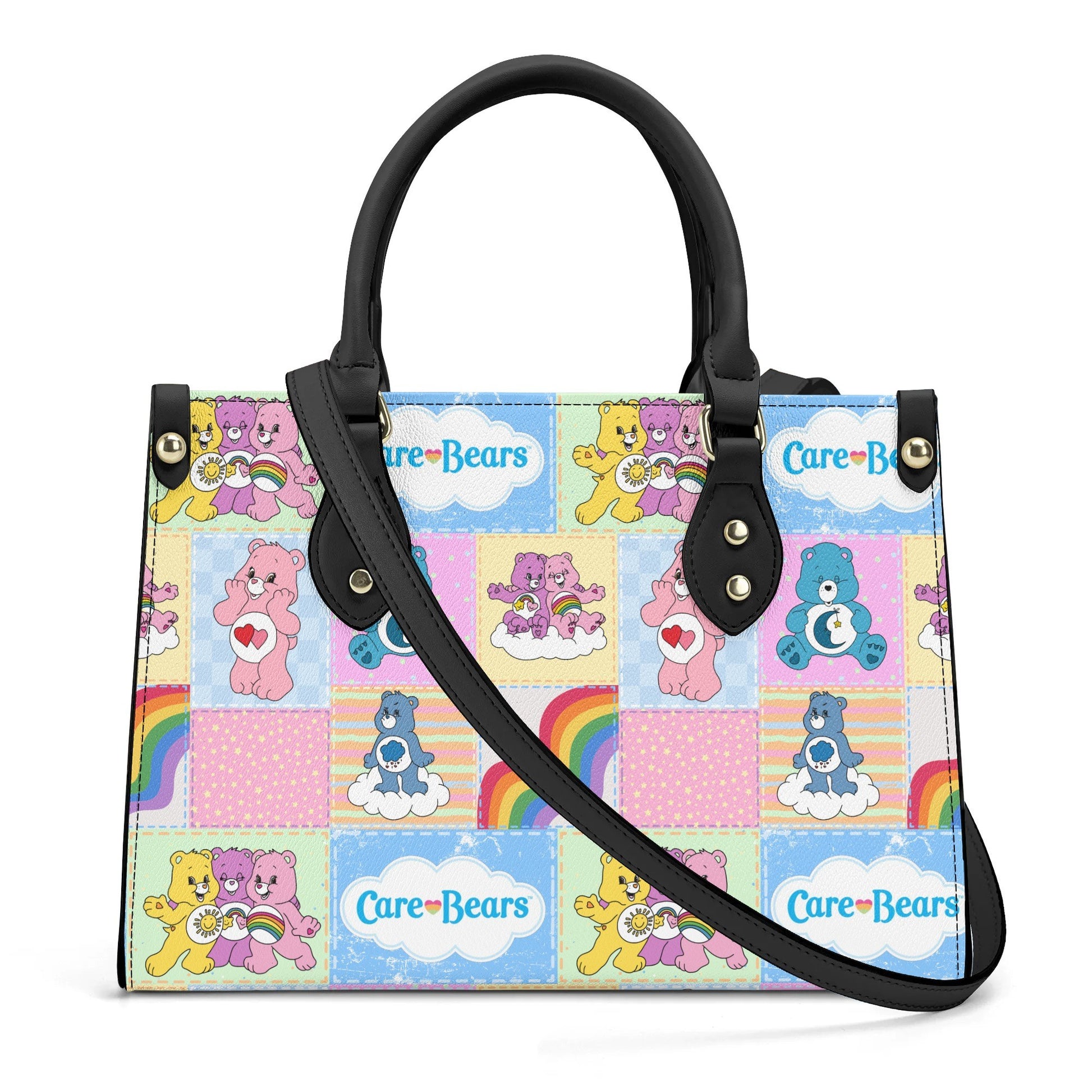 Nostalgic Care Bears Patchwork Leather Handbag featuring colorful bears and rainbow designs with black handles and strap