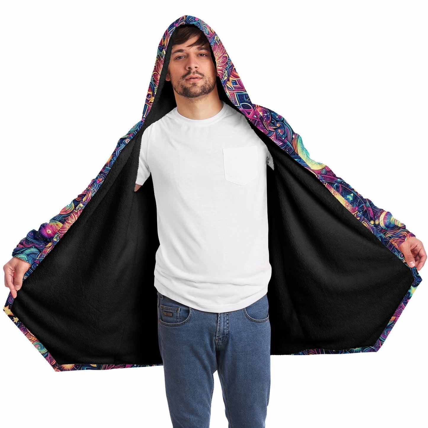 Psychedelic Celestial Sun Moons Fleece Lined Hooded Cloak