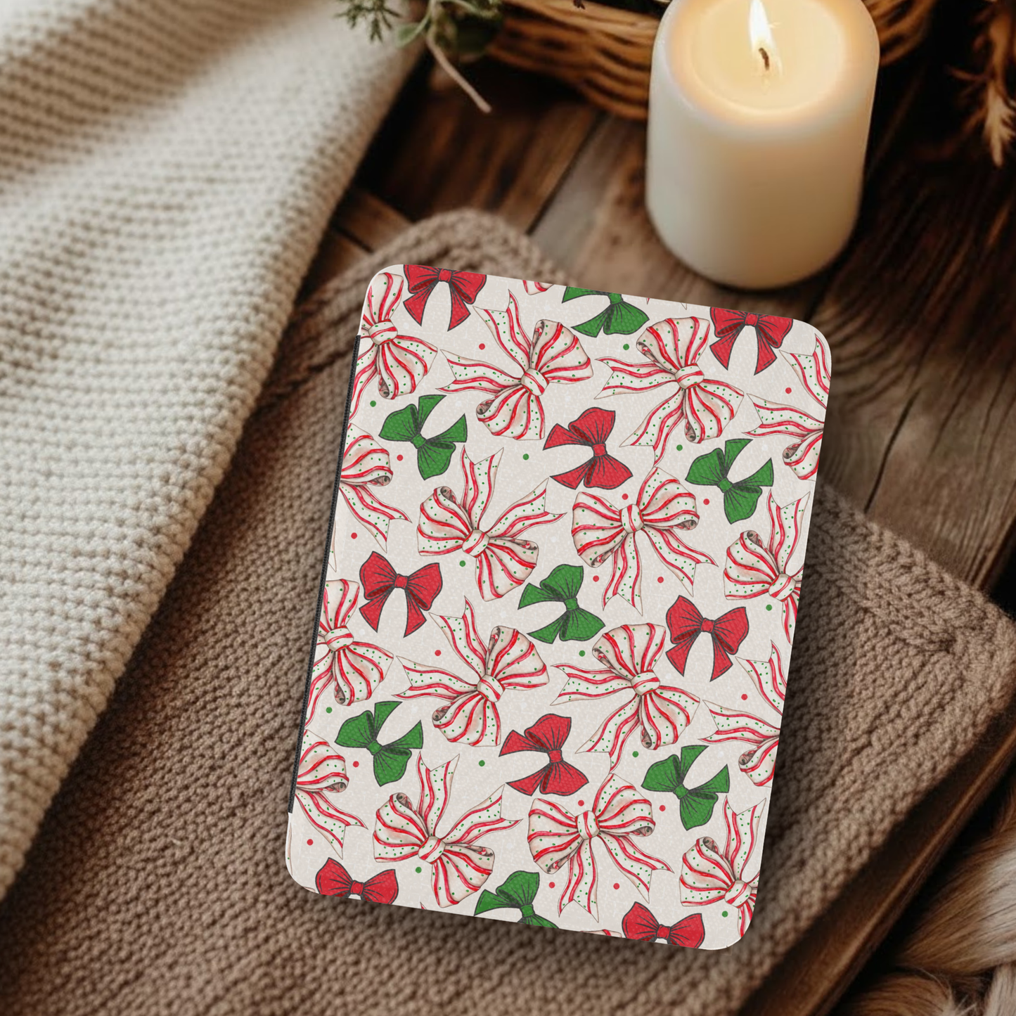Coquette Christmas Cake Bows Leather Kindle Case with Hand Strap