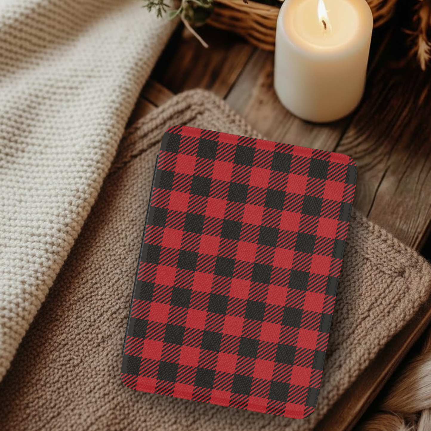 Red Buffalo Plaid Leather Kindle Case with Hand Strap