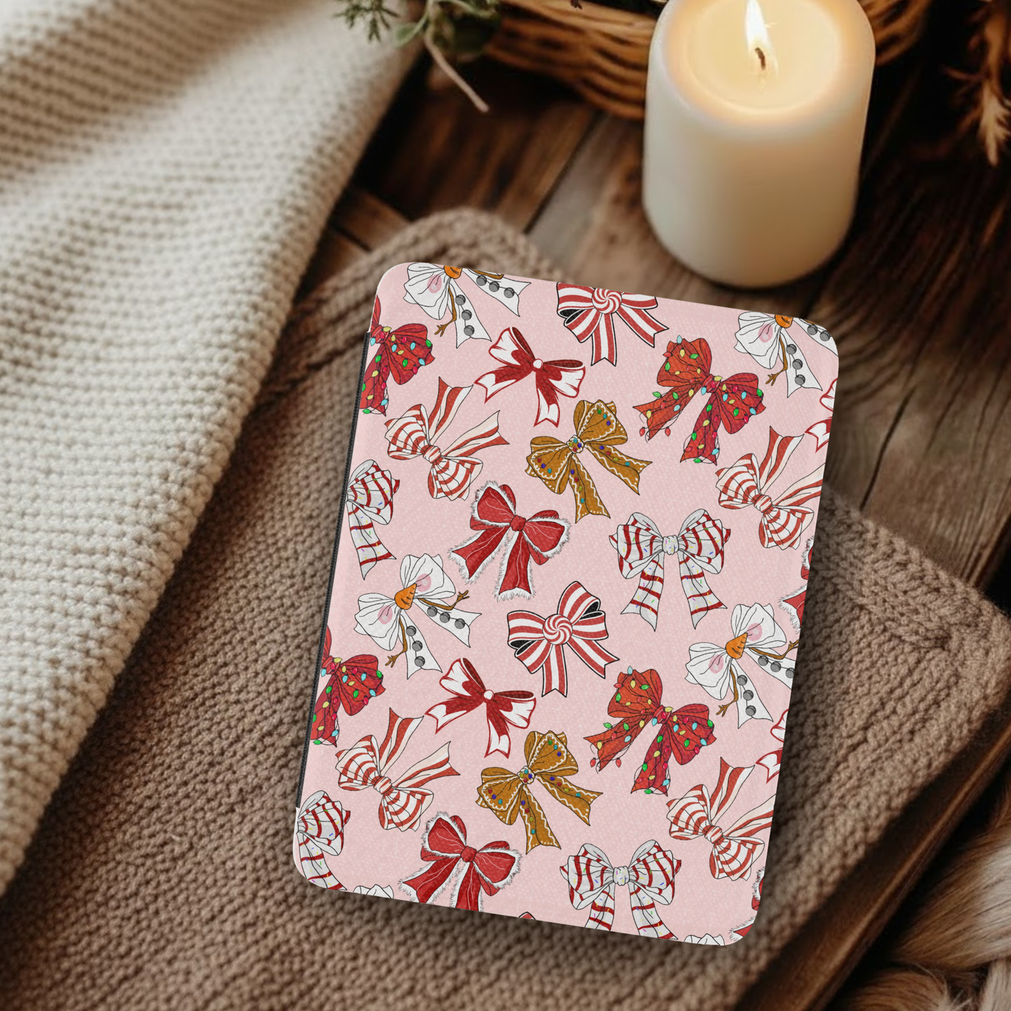 Coquette Christmas Cookie Bows Leather Kindle Case with Hand Strap
