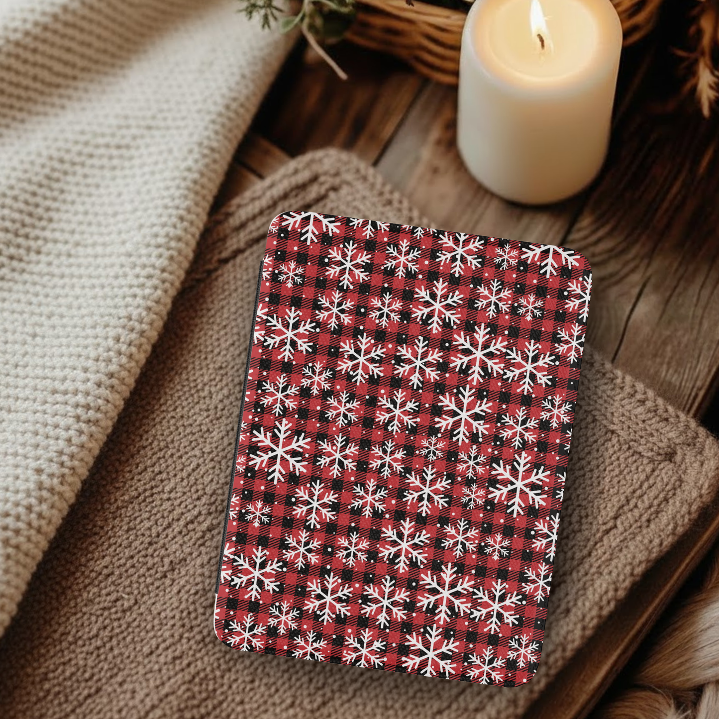Snowflake Buffalo Plaid Leather Kindle Case with Hand Strap
