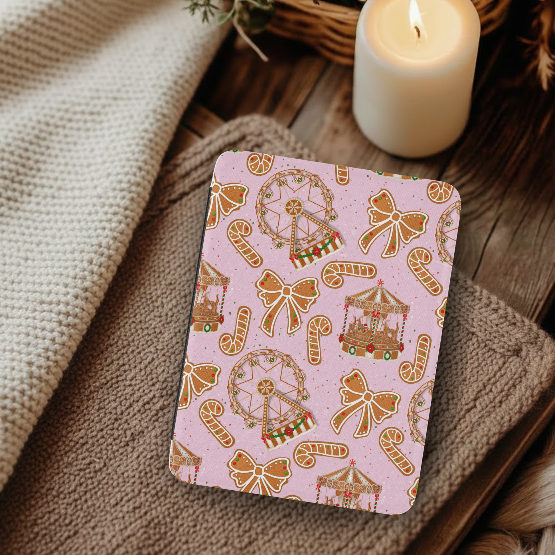 Gingerbread Cookies Fair Leather Kindle Case with Hand Strap on cozy blanket near candle and plants