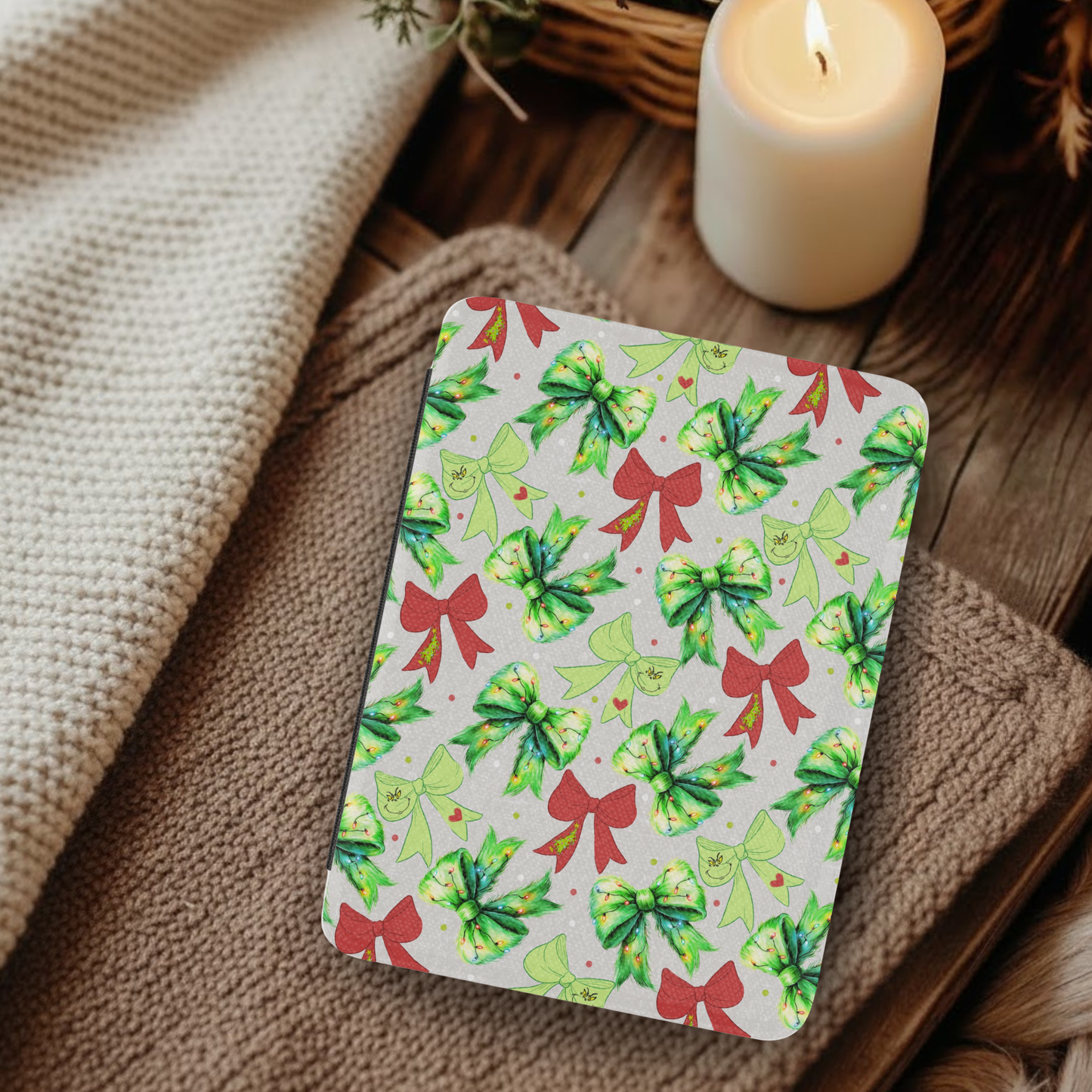 Coquette Christmas Grinch Bows Leather Kindle Case with Hand Strap