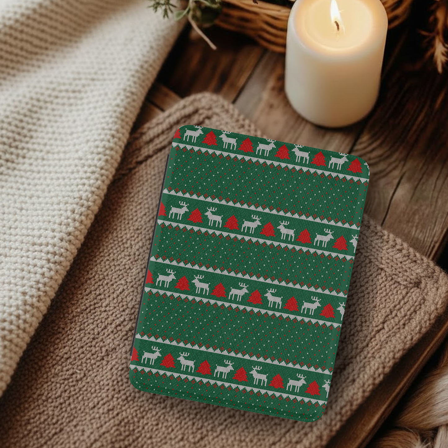 Reindeer Ugly Christmas Sweater Pattern Leather Kindle Case with Hand Strap
