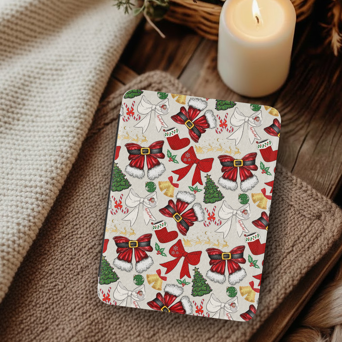 Coquette Christmas Santa Bows Leather Kindle Case with Hand Strap
