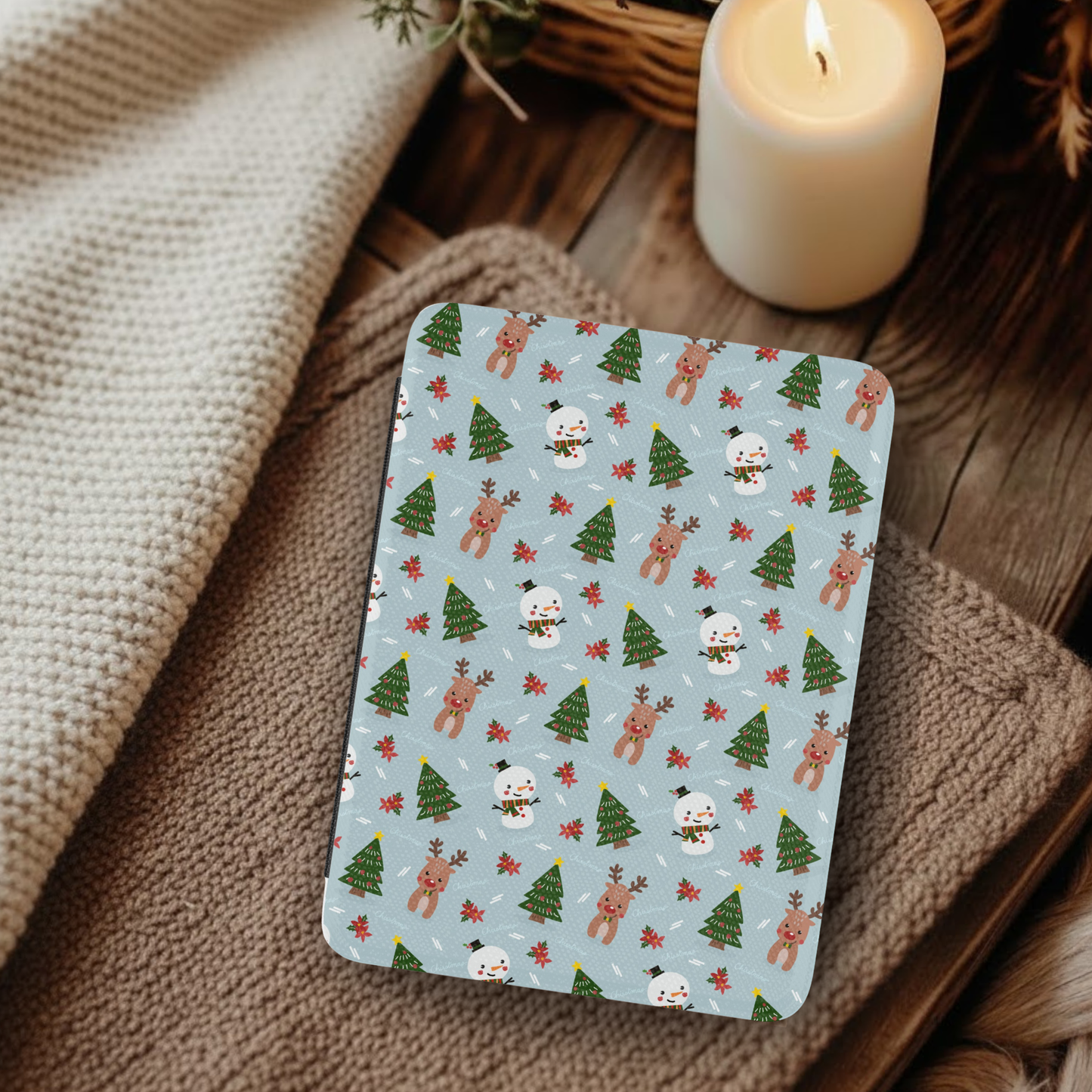 Snowmen and Reindeer Pattern Leather Kindle Case with Hand Strap